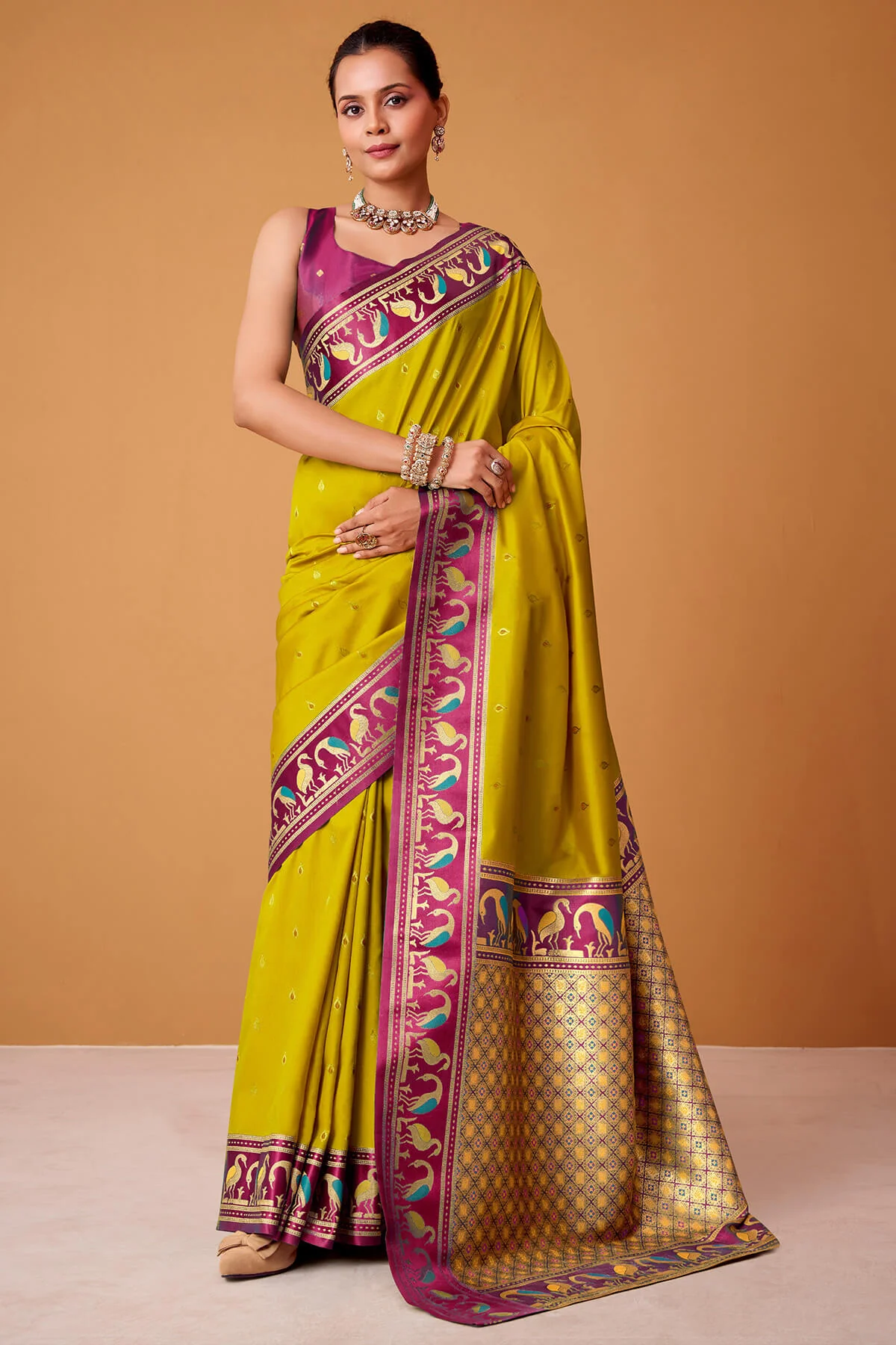 Gorgeous Mustard Banarasi Satin Silk Saree With Prodigal Blouse