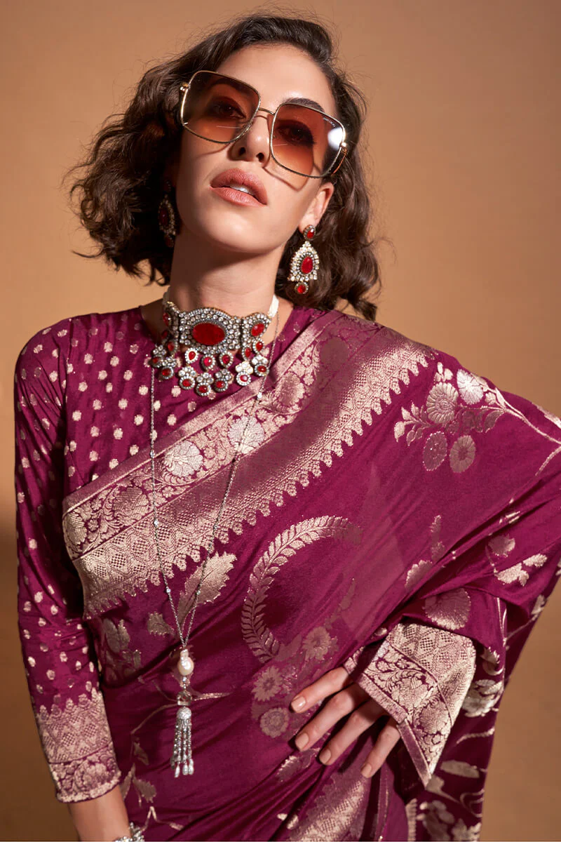 Gorgeous Wine Georgette Banarasi Silk Saree With Pretty Blouse Piece - Image 3