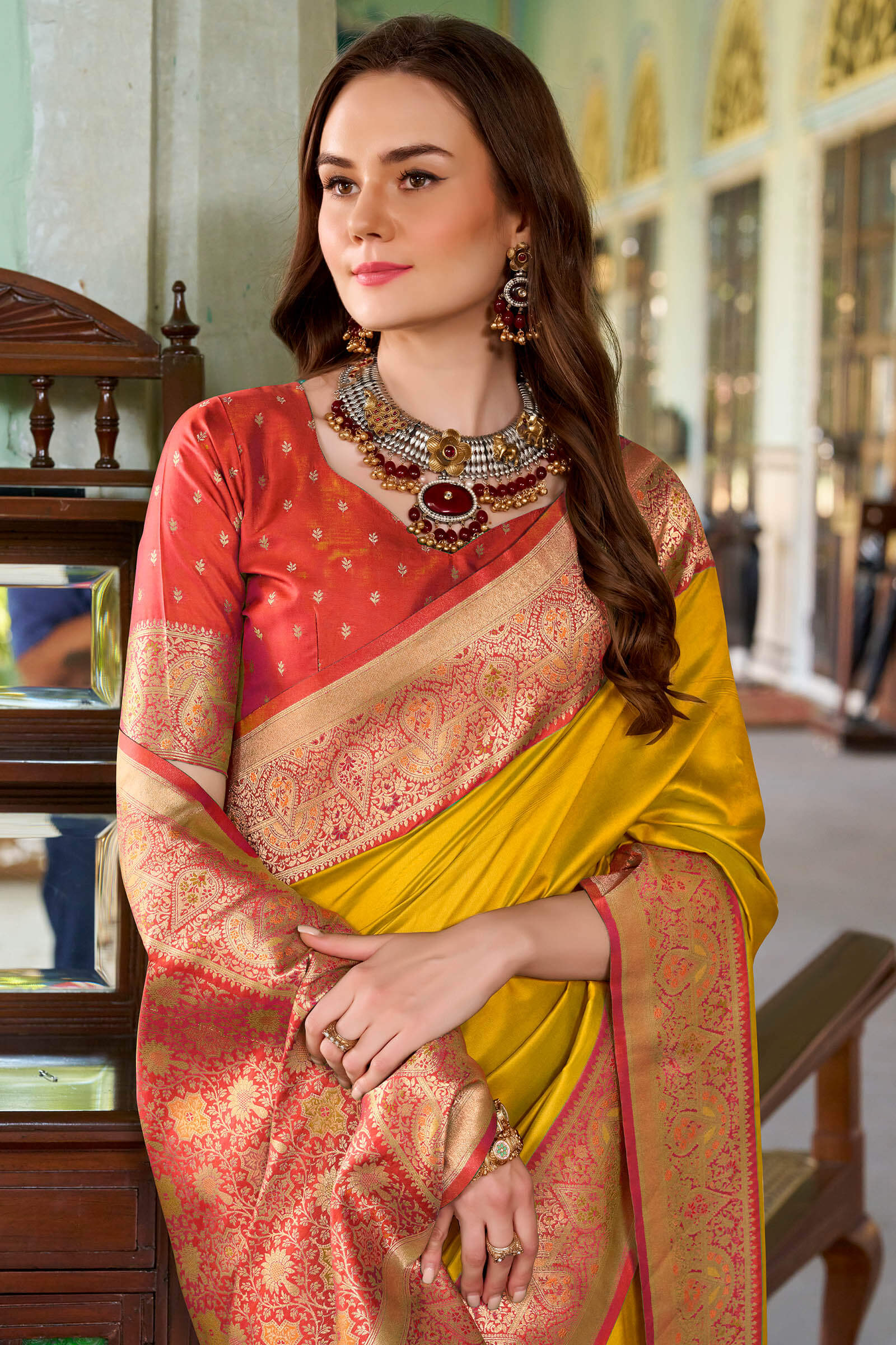 Gorgeous Yellow Soft Banarasi Silk Saree With Exuberant Blouse Piece - Image 2