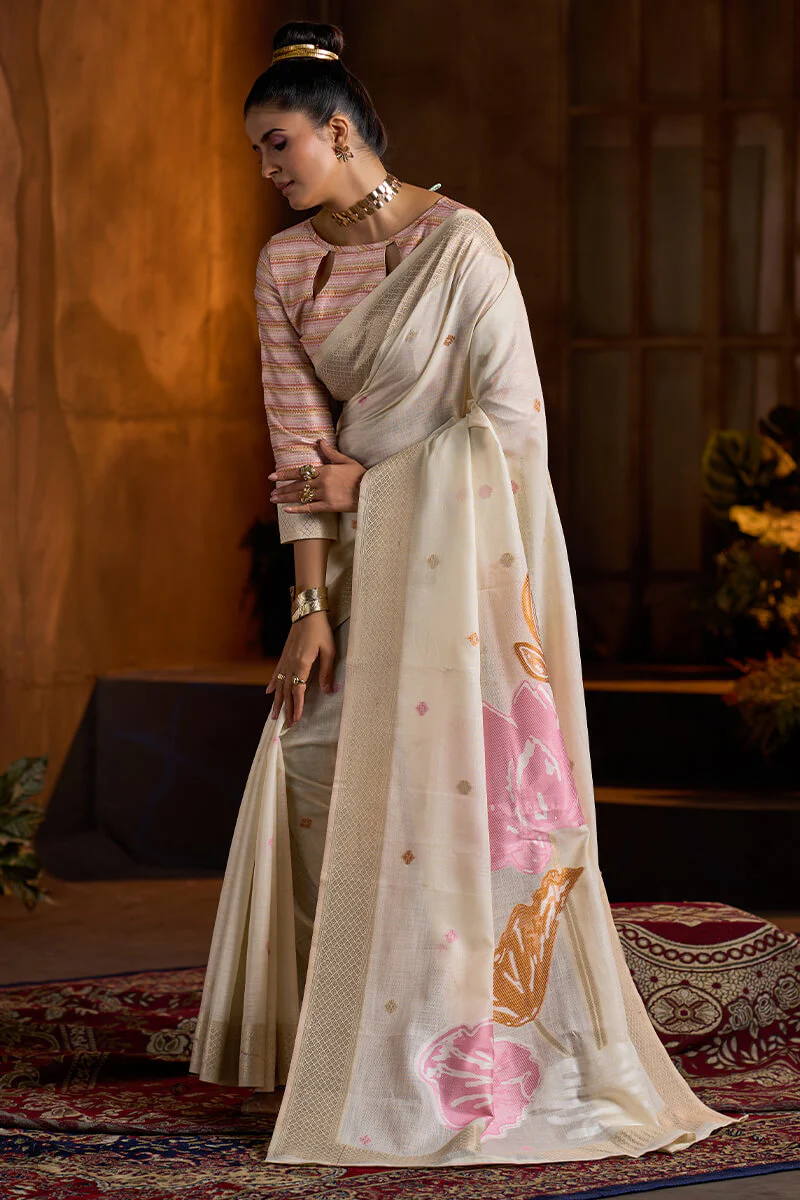 Gossamer Beige Cotton Silk Saree With Ravishing Blouse Piece - Image 4