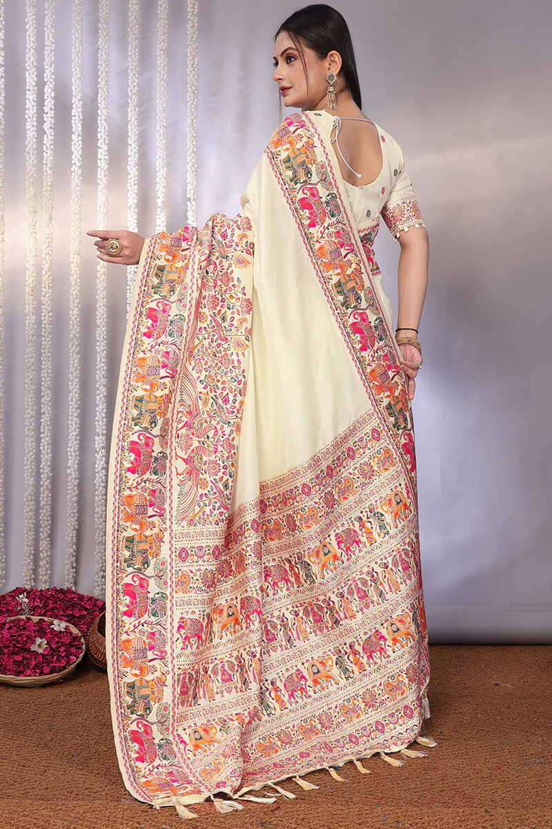 Gossamer Beige Pashmina Saree With Stylish Blouse Piece - Image 3