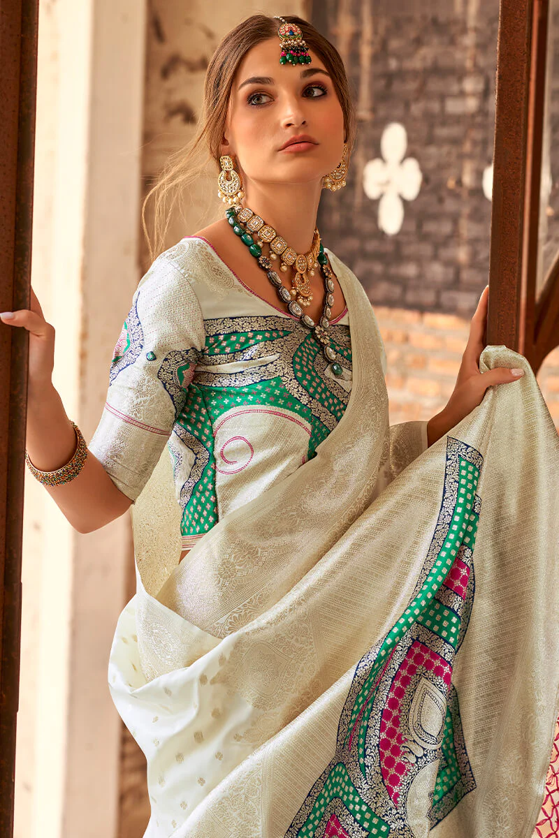 Gossamer Beige Soft Banarasi Silk Saree With Sempiternal Blouse Piece - Image 2