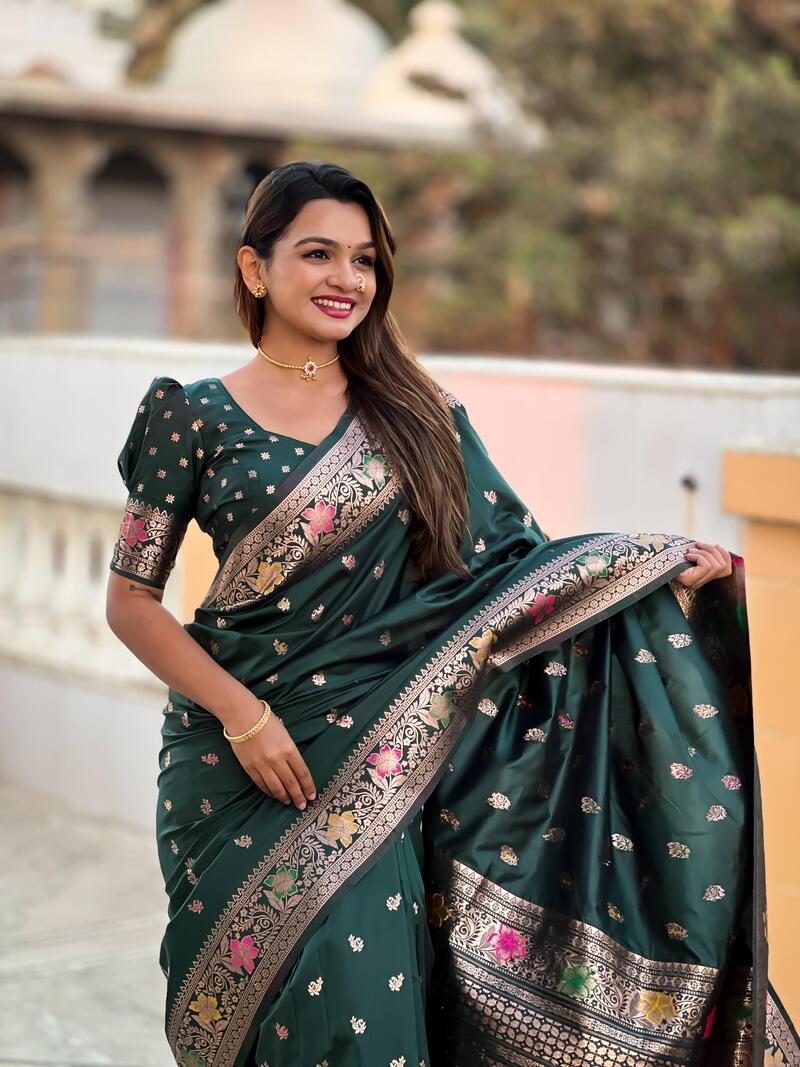 Gossamer Dark Green Soft Banarasi Silk Saree With Lagniappe Blouse Piece - Image 2