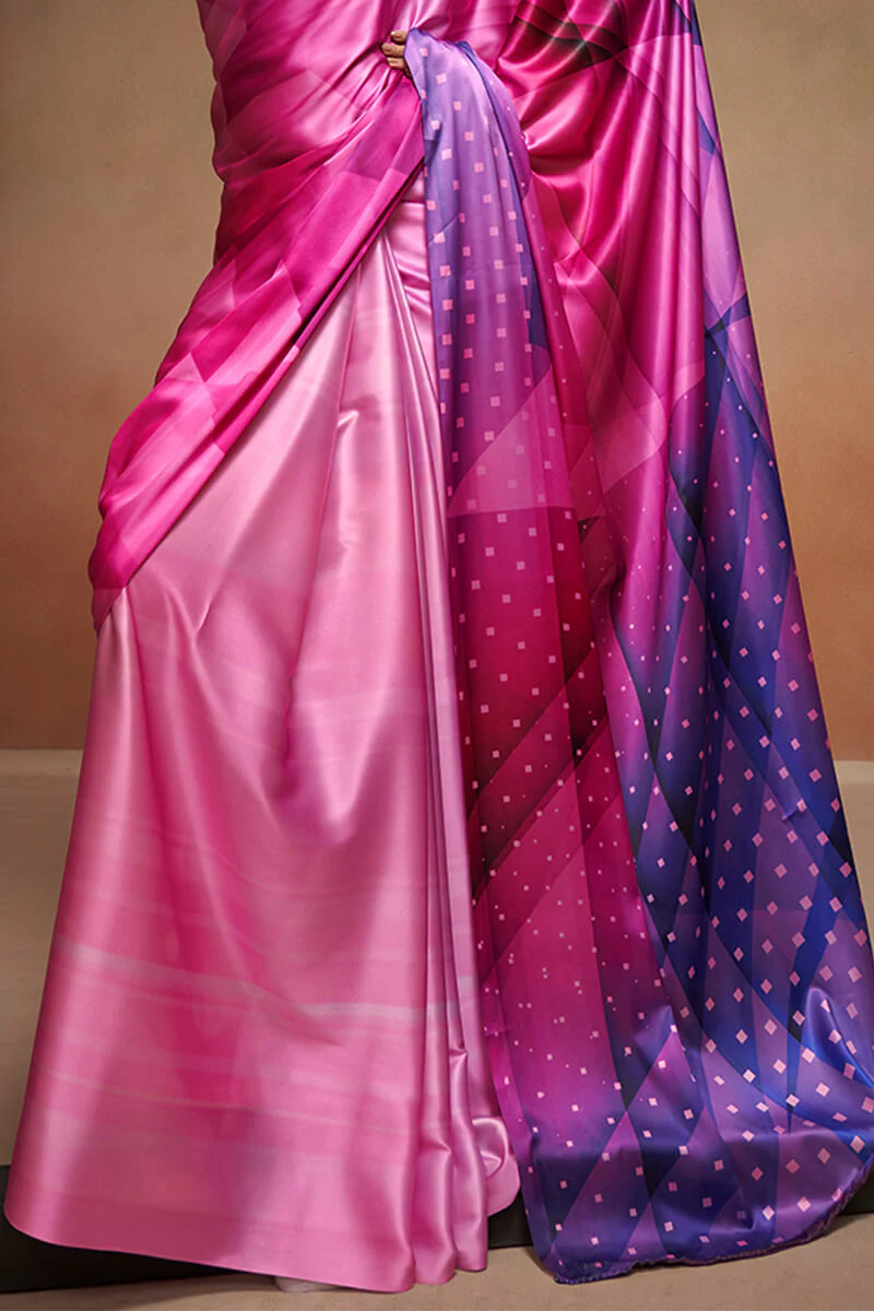 Gossamer Dark Pink Digital Printed Satin Silk Saree With Seraglio Blouse Piece - Image 4
