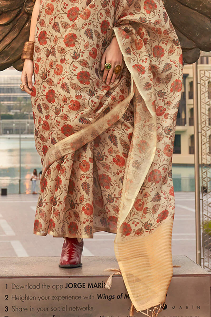Gossamer Mehndi Digital Printed Tissue Silk Saree With Ratatouille Blouse Piece - Image 3