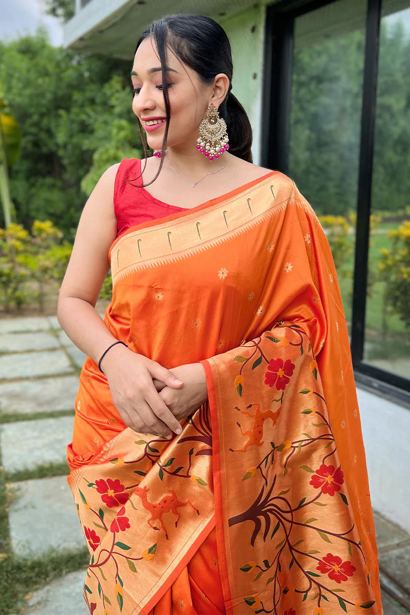 Gossamer Orange Paithani Silk Saree With Ratatouille Blouse Piece - Image 2