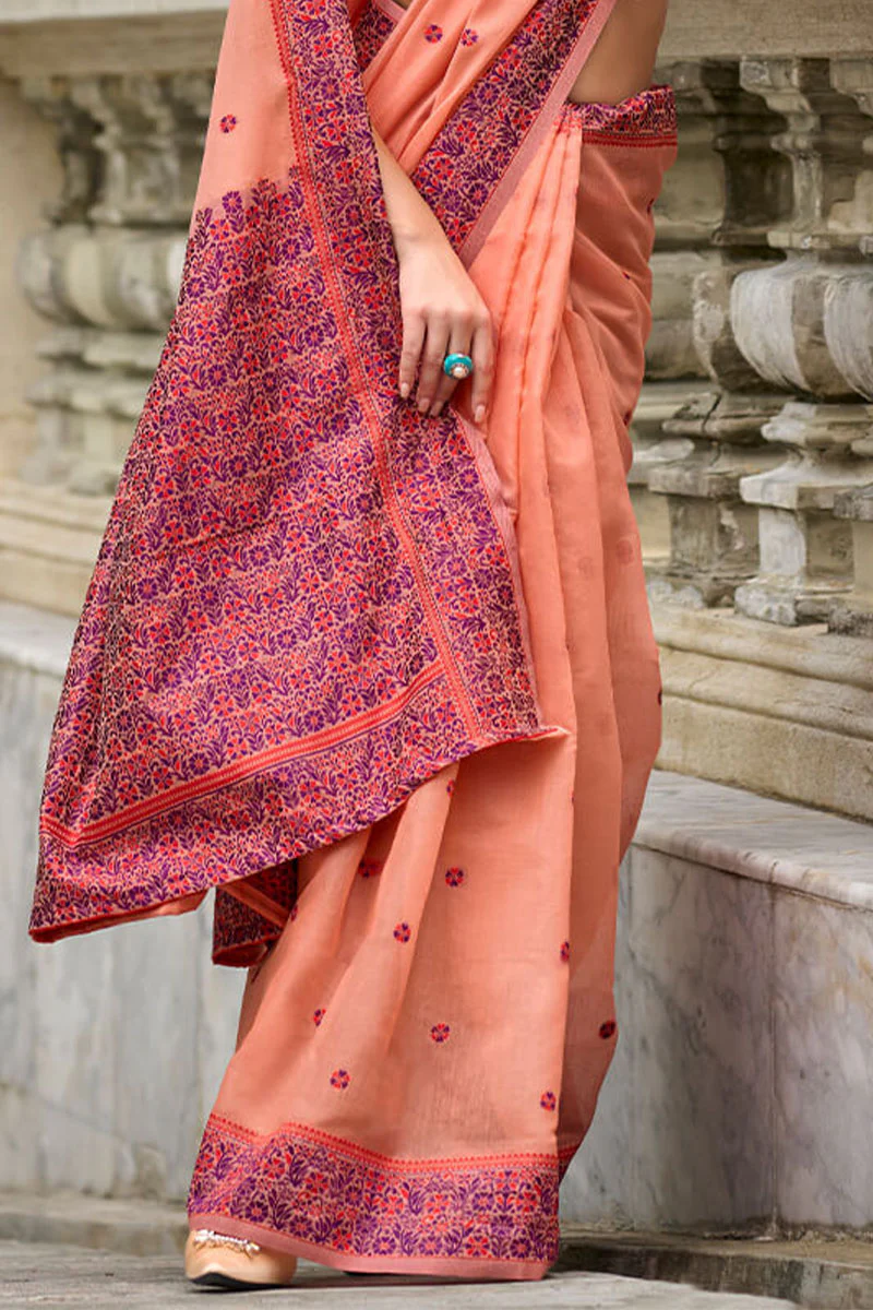 Gossamer Peach Cotton Silk Saree With Fragrant Blouse Piece - Image 4