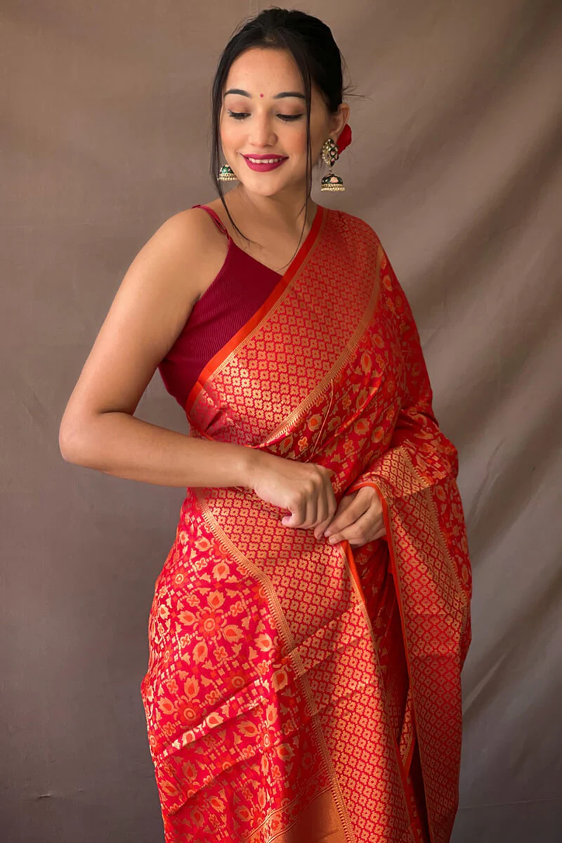 Gossamer Red Patola Silk Saree with Magnificat Blouse Piece - Image 2