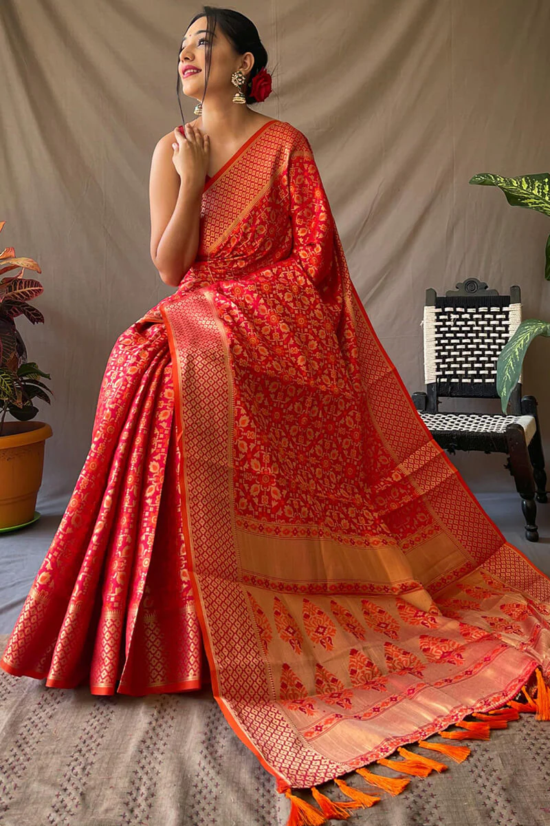 Gossamer Red Patola Silk Saree with Magnificat Blouse Piece - Image 3