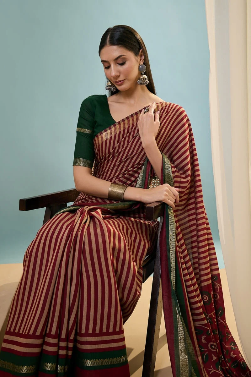 Gossamer Red Printed Cotton Silk Saree With Preferable Blouse Piece - Image 2
