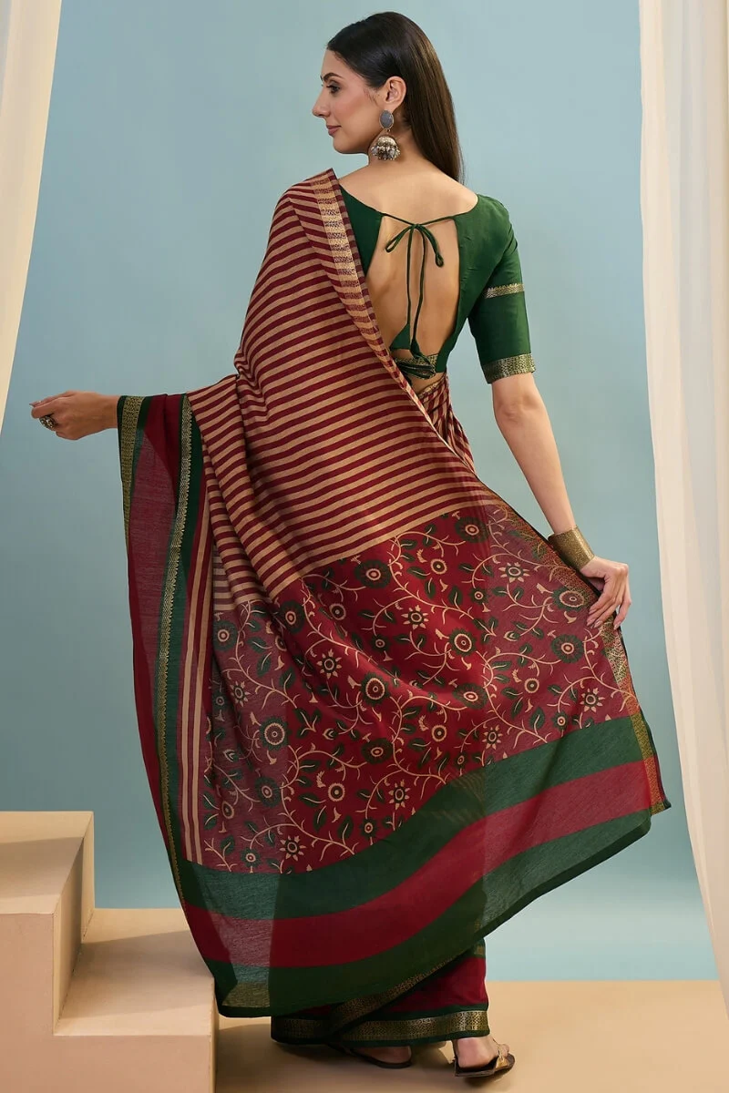 Gossamer Red Printed Cotton Silk Saree With Preferable Blouse Piece - Image 7