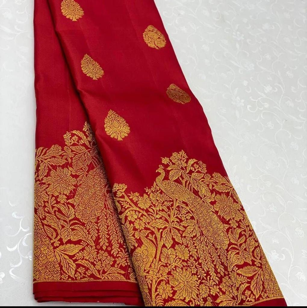 Gossamer Red Soft Banarasi Silk Saree With Chatoyant Blouse Piece - Image 2