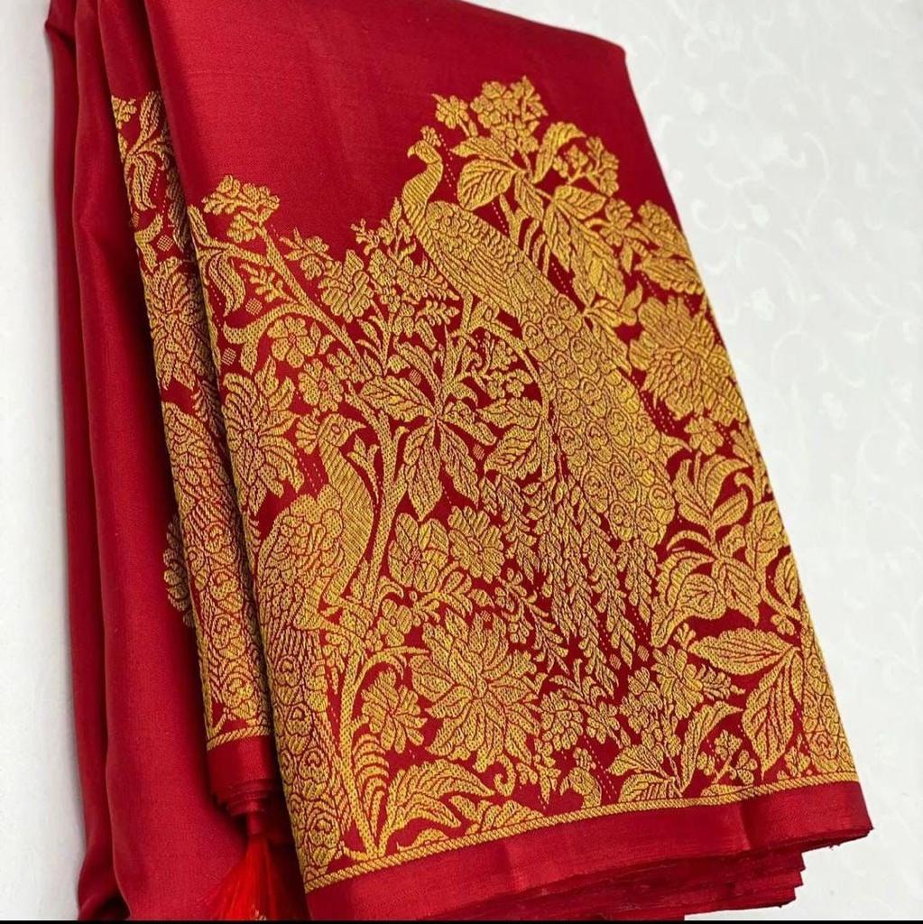 Gossamer Red Soft Banarasi Silk Saree With Chatoyant Blouse Piece - Image 3