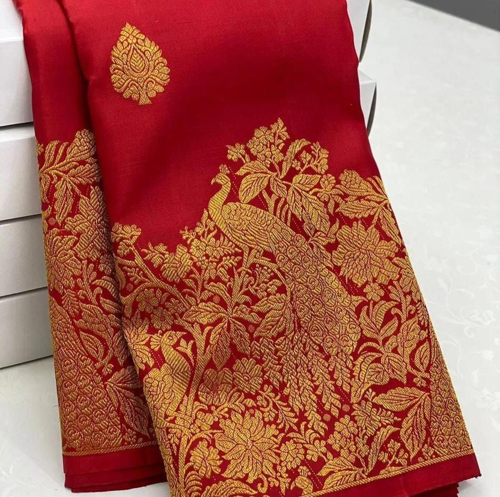 Gossamer Red Soft Banarasi Silk Saree With Chatoyant Blouse Piece - Image 4