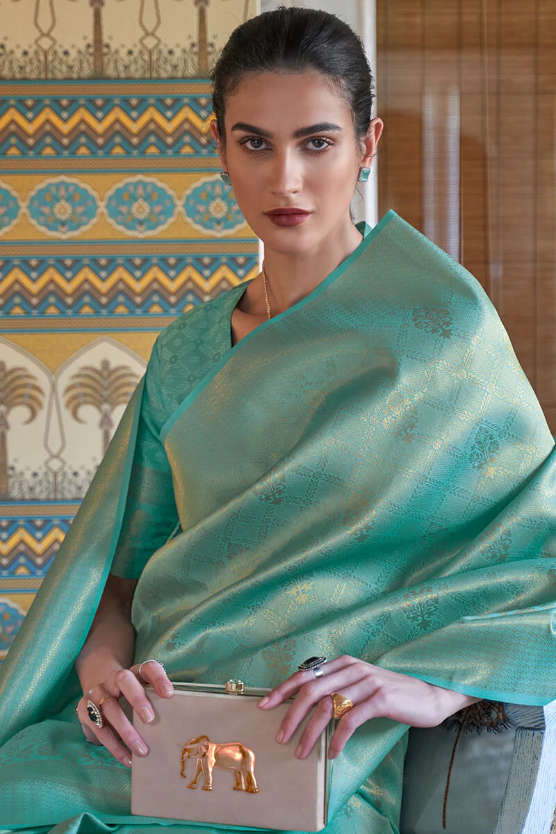 Gossamer Sea Green Kanjivaram Silk Saree With Palimpsest Blouse Piece - Image 2