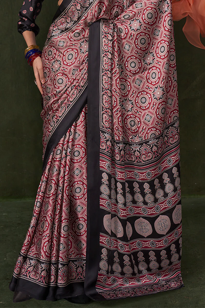 Grandiose Black Ajrakh Printed Satin Silk Saree With Propinquity Blouse Piece - Image 3