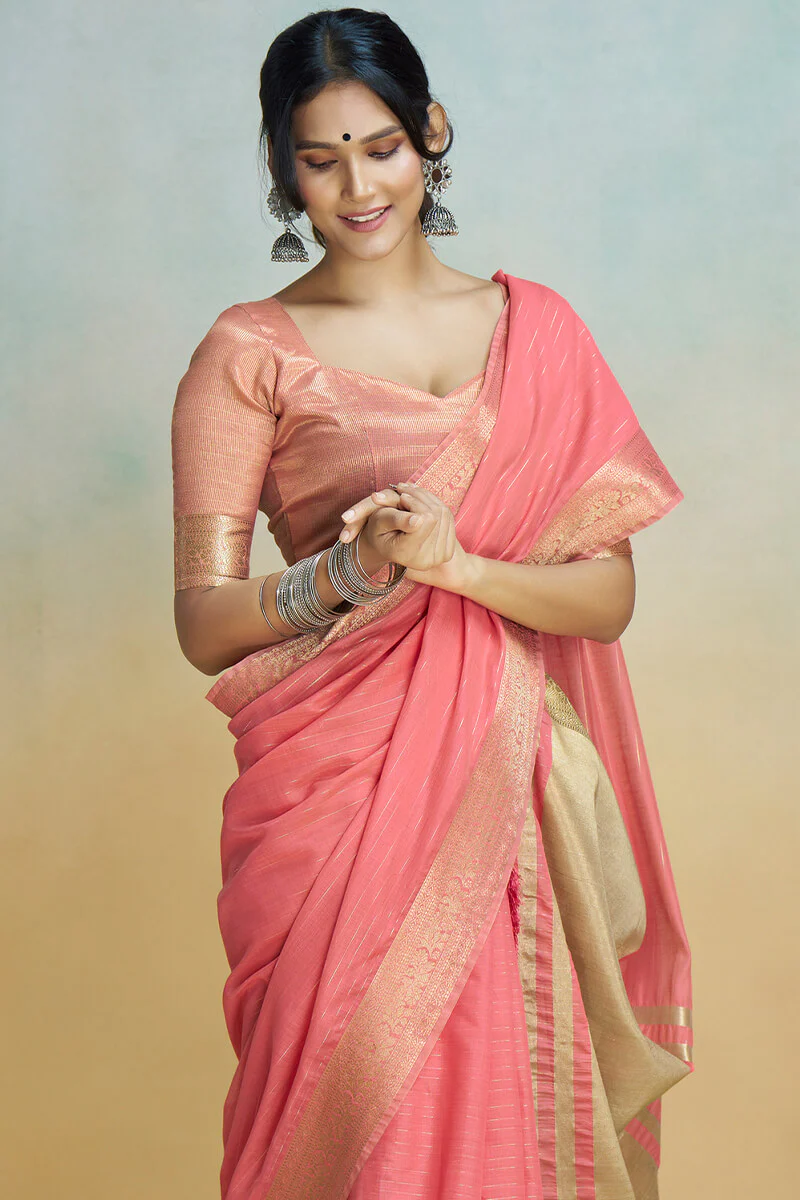 Grandiose Pink Cotton Silk Saree With Bewitching Blouse Piece - Image 2