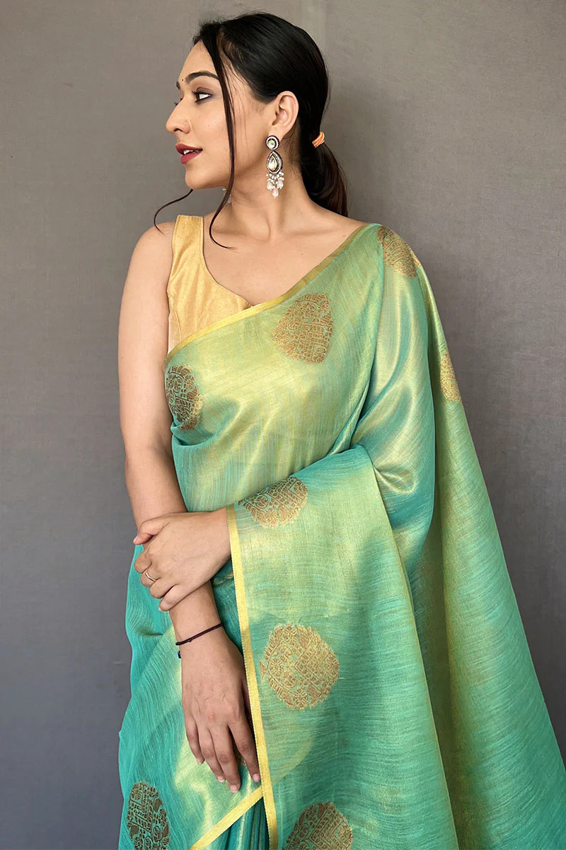 Grandiose Turquoise Soft Banarasi Tissue Silk Saree With Verdant Blouse Piece - Image 2