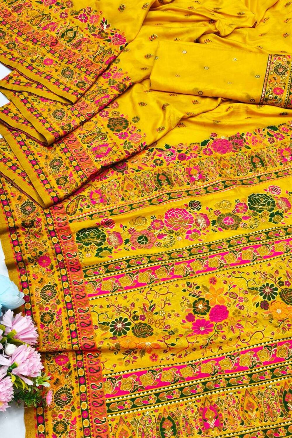 Grandiose Yellow Nylon Dola Pashmina Saree With Eclat Blouse Piece - Image 3