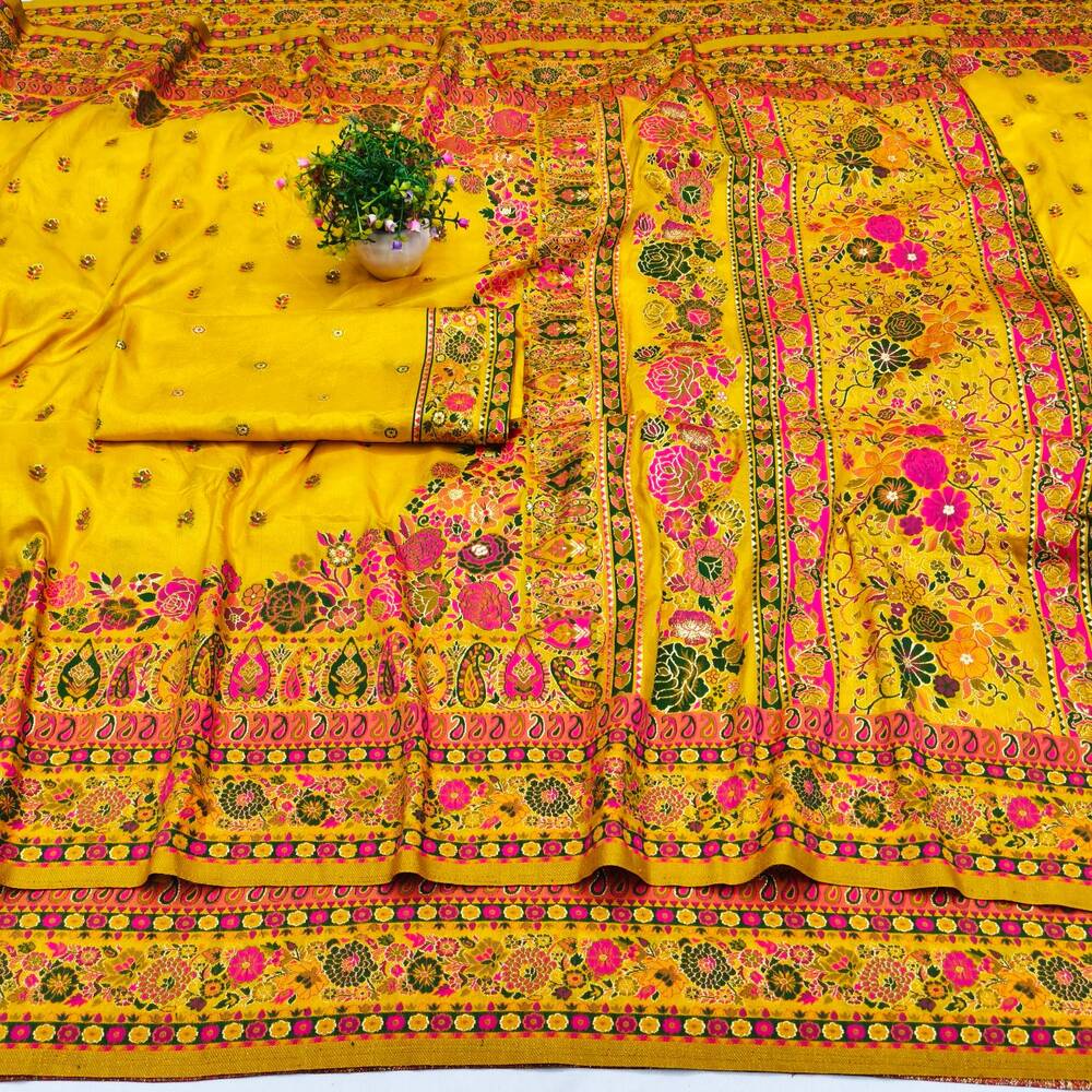 Grandiose Yellow Nylon Dola Pashmina Saree With Eclat Blouse Piece - Image 4