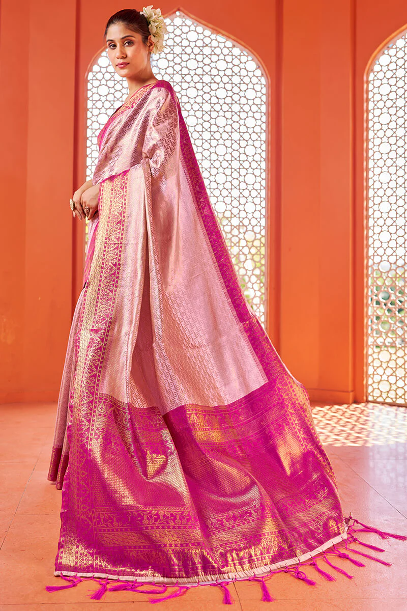 Gratifying Baby Pink Kanjivaram Silk Saree With Precious Blouse Piece - Image 4