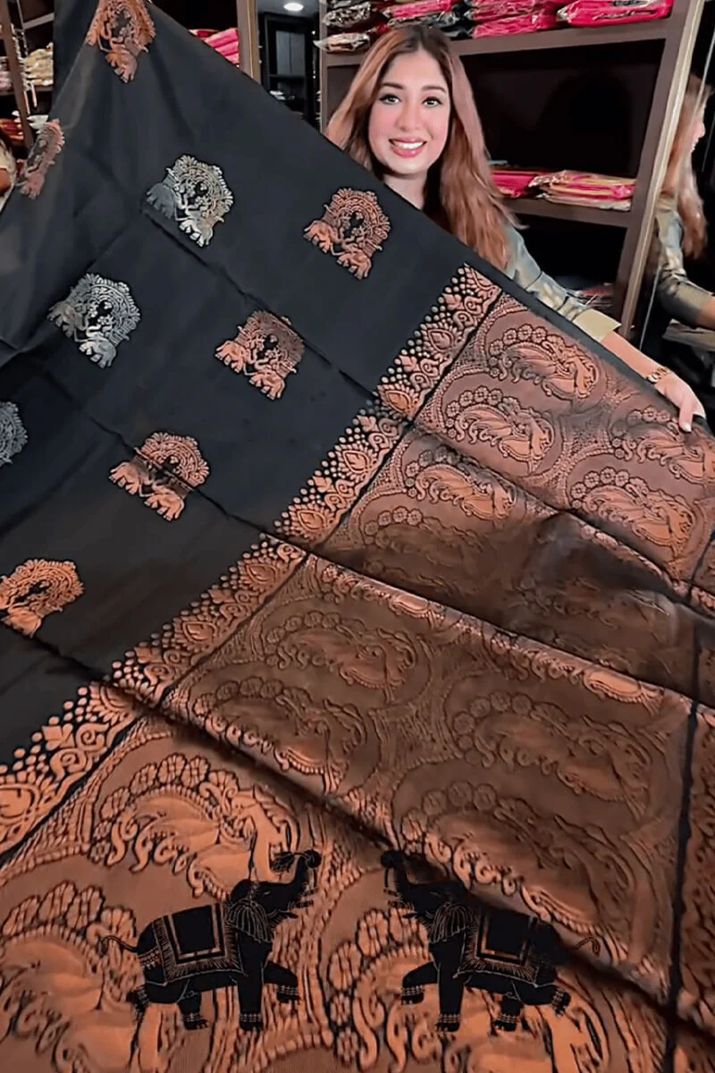 Gratifying Black Soft Banarasi Silk Saree With Intricate Blouse Piece - Image 6