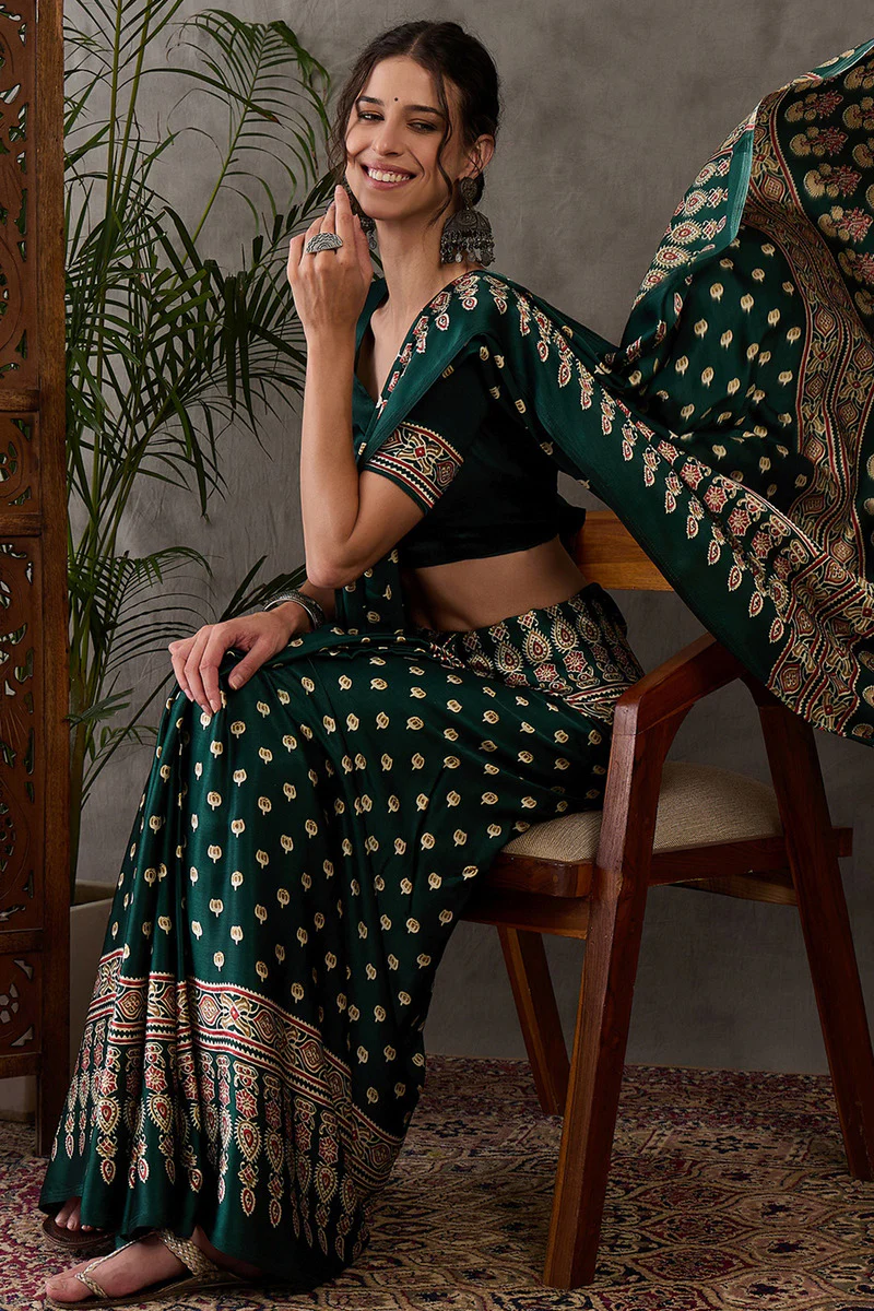Gratifying Dark Green Ajrakh Printed Semi Modal Silk Saree With Entrancing Blouse Piece - Image 2