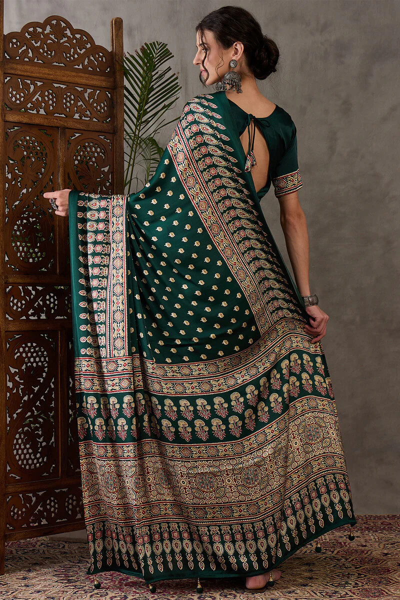 Gratifying Dark Green Ajrakh Printed Semi Modal Silk Saree With Entrancing Blouse Piece - Image 6