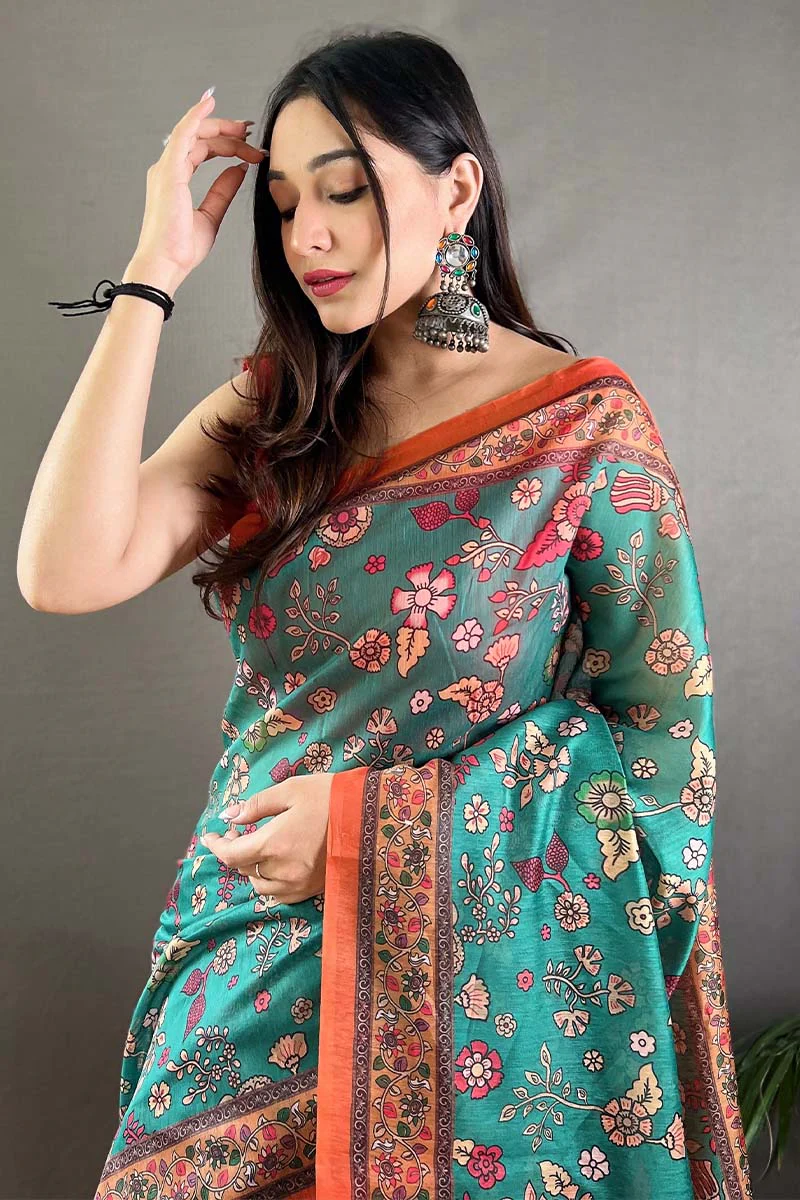 Gratifying Firozi Kalamkari Printed Saree With Girlish Blouse Piece - Image 2