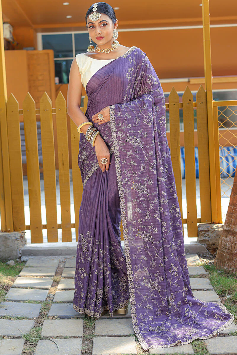 Gratifying Lavender Embroidery Work Soft Silk Saree With Impressive Blouse Piece - Image 4
