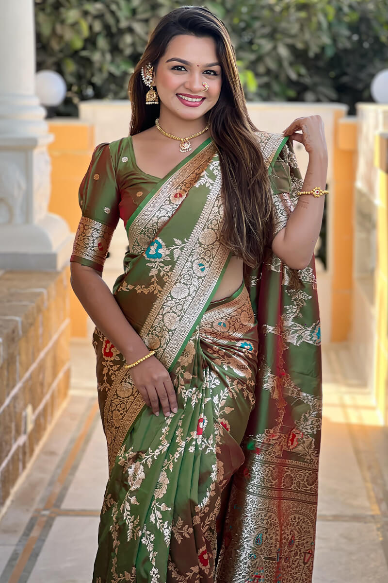 Gratifying Mehndi Soft Banarasi Silk Saree With Scrupulous Blouse Piece - Image 2
