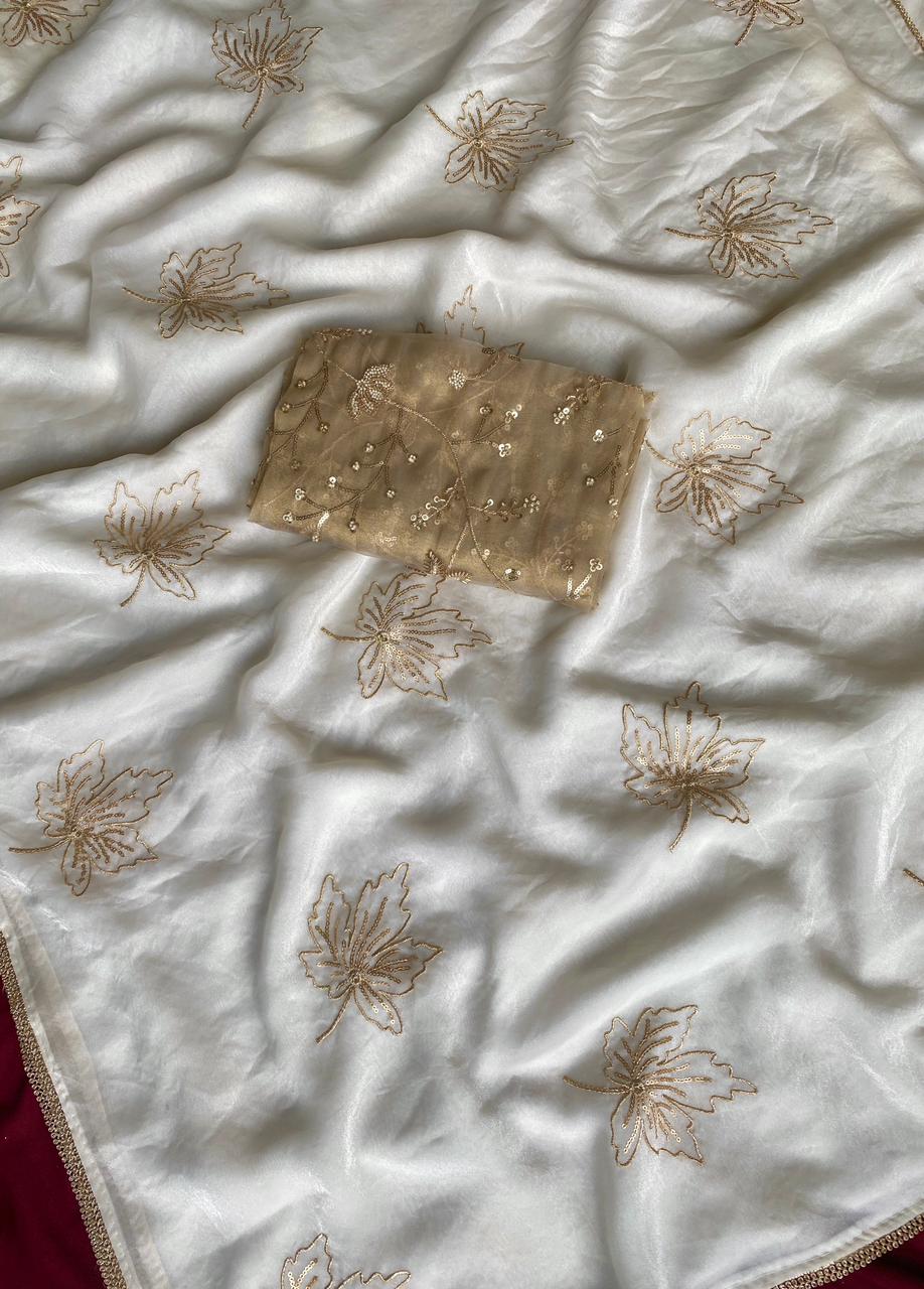Gratifying Off White Sequins Work Chinon Silk Saree With Entrancing Blouse Piece - Image 2