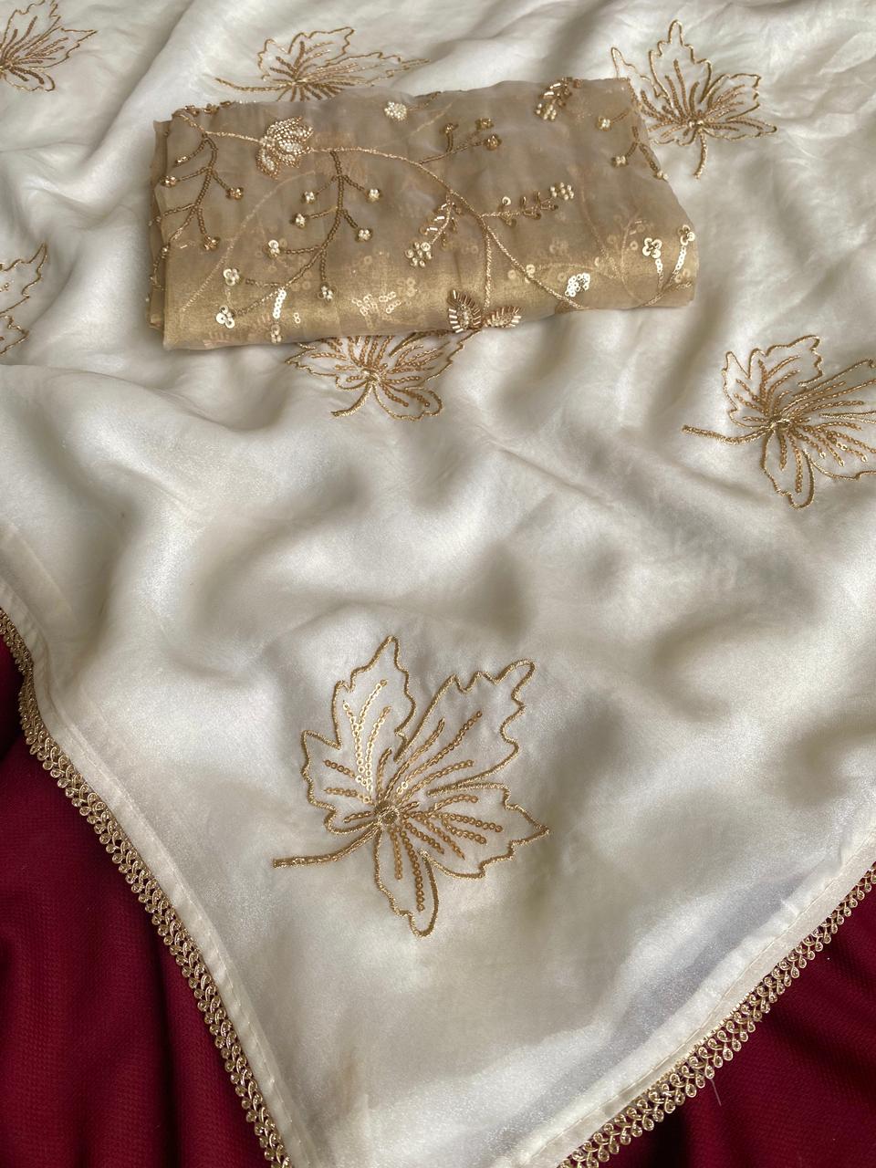Gratifying Off White Sequins Work Chinon Silk Saree With Entrancing Blouse Piece - Image 4