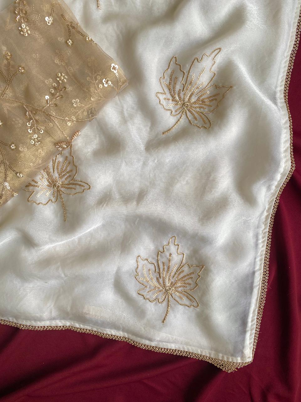 Gratifying Off White Sequins Work Chinon Silk Saree With Entrancing Blouse Piece - Image 5