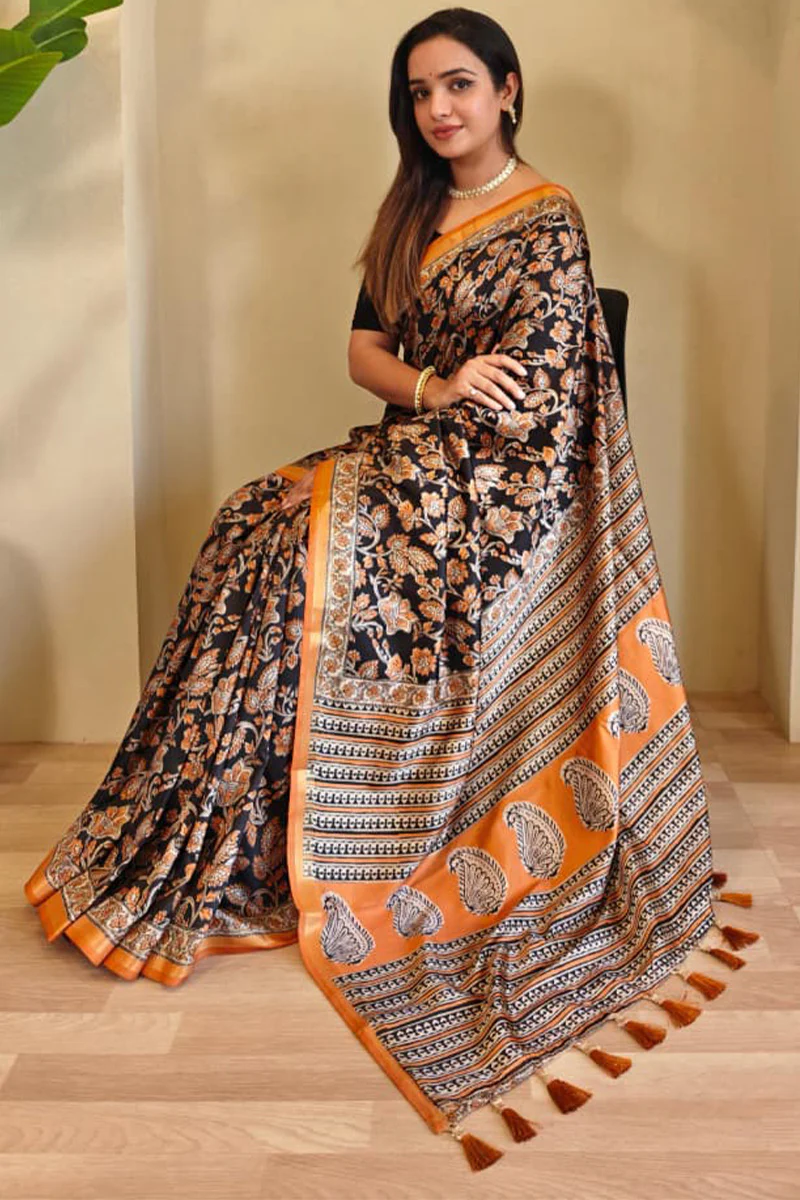 Gratifying Orange and Black Viscose Dola Silk Printed Saree With Glittering Blouse Piece - Image 4