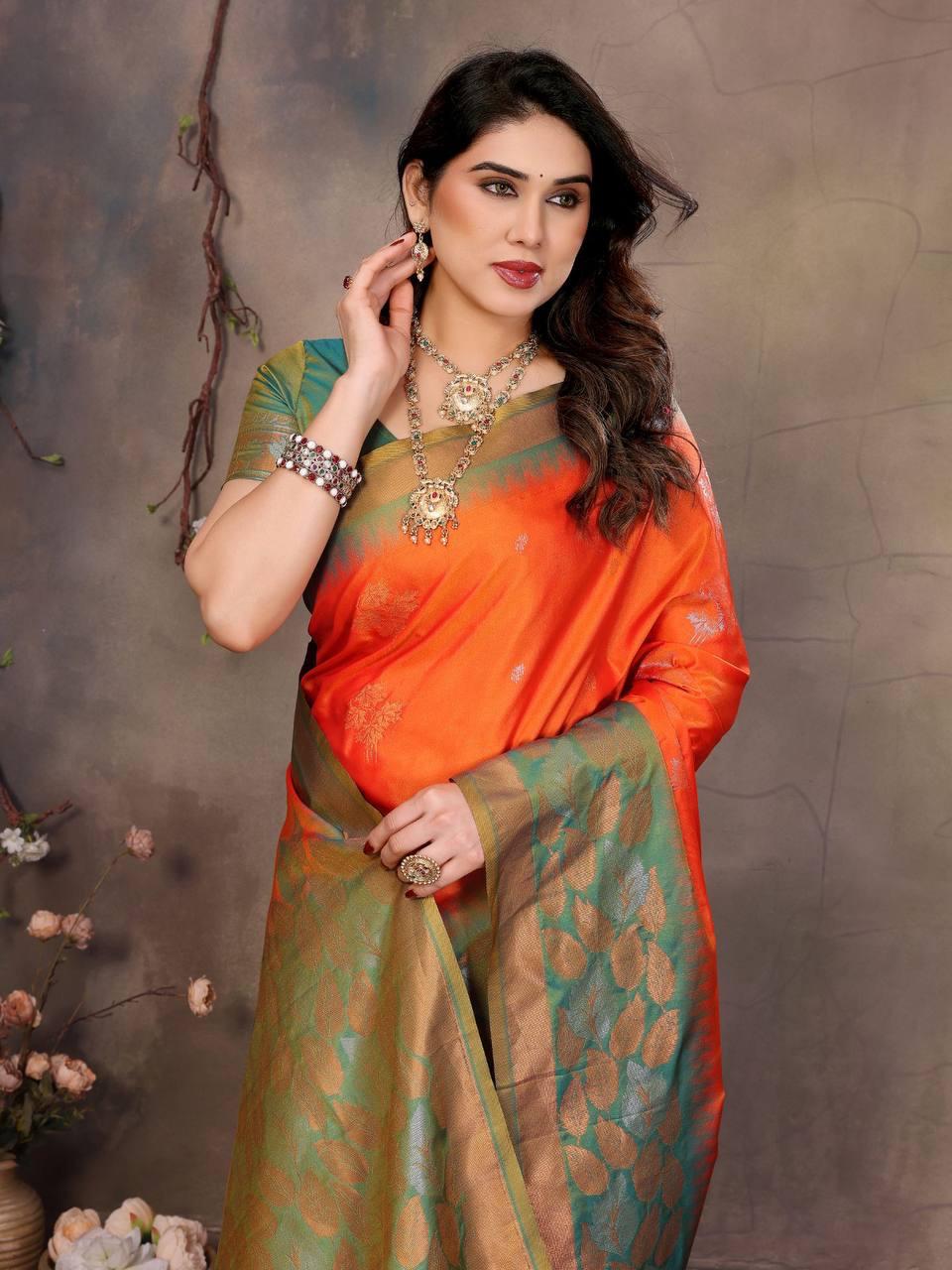 Gratifying Orange Soft Banarasi Silk Saree With Improbable Blouse Piece - Image 2