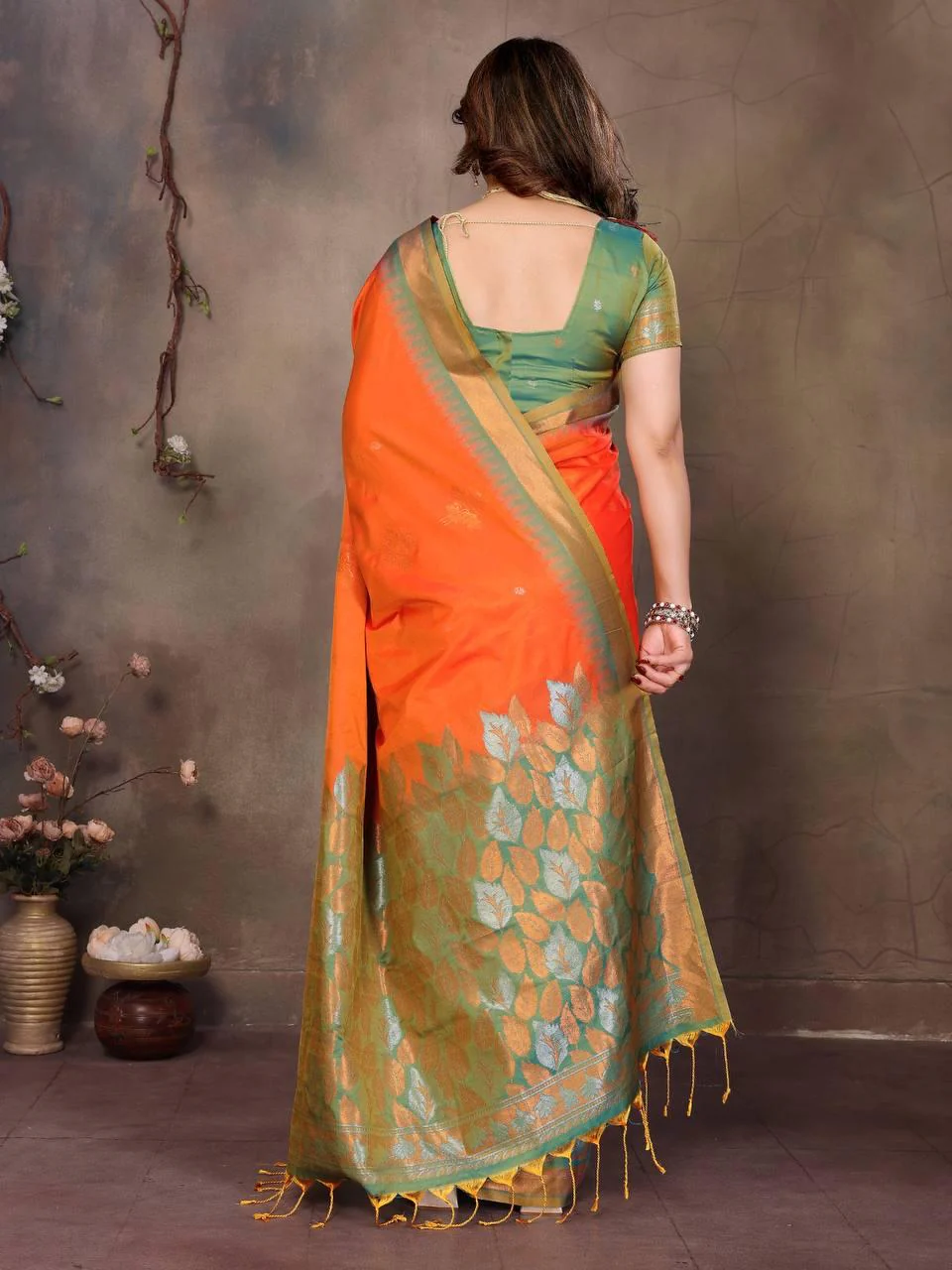 Gratifying Orange Soft Banarasi Silk Saree With Improbable Blouse Piece - Image 5
