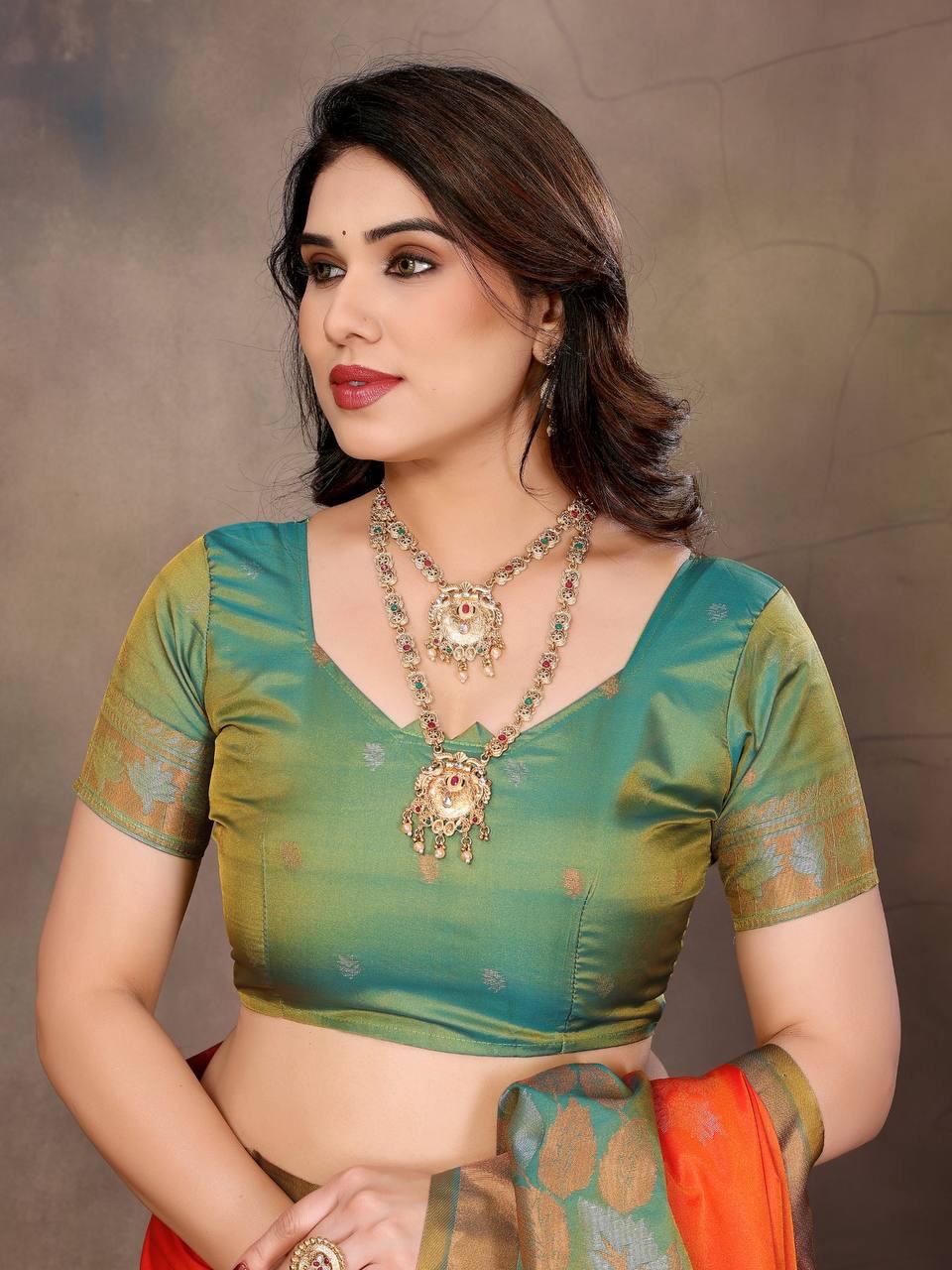 Gratifying Orange Soft Banarasi Silk Saree With Improbable Blouse Piece - Image 6