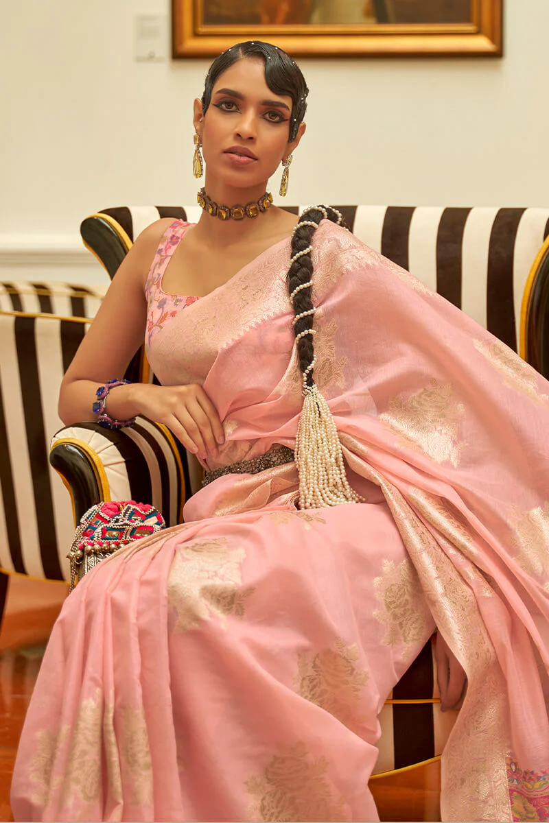 Gratifying Pink Pashmina saree With Staring Blouse Piece - Image 2