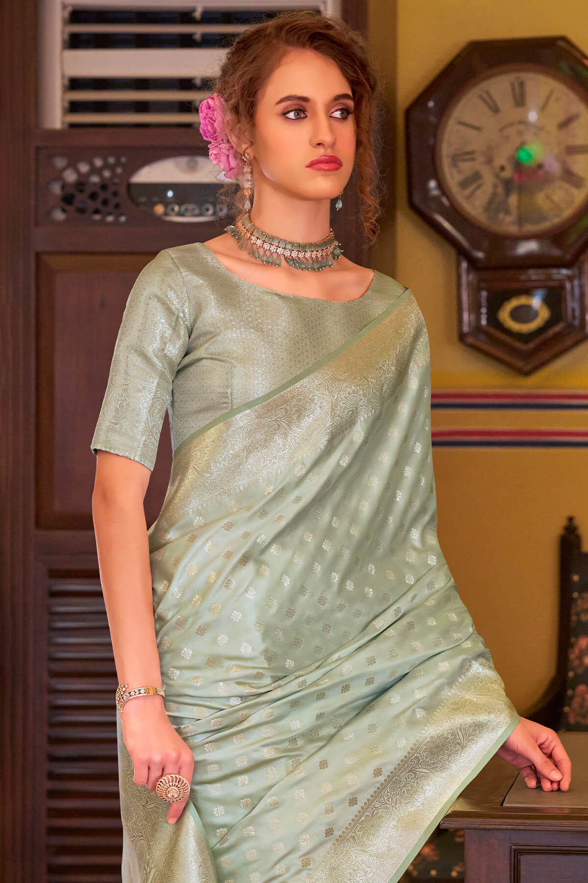 Gratifying Pista Banarasi Satin Silk Saree With Prominent Blouse - Image 2