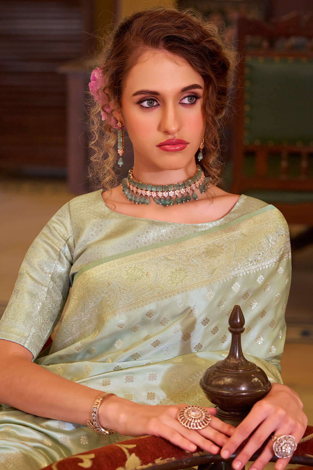 Gratifying Pista Banarasi Satin Silk Saree With Prominent Blouse - Image 3