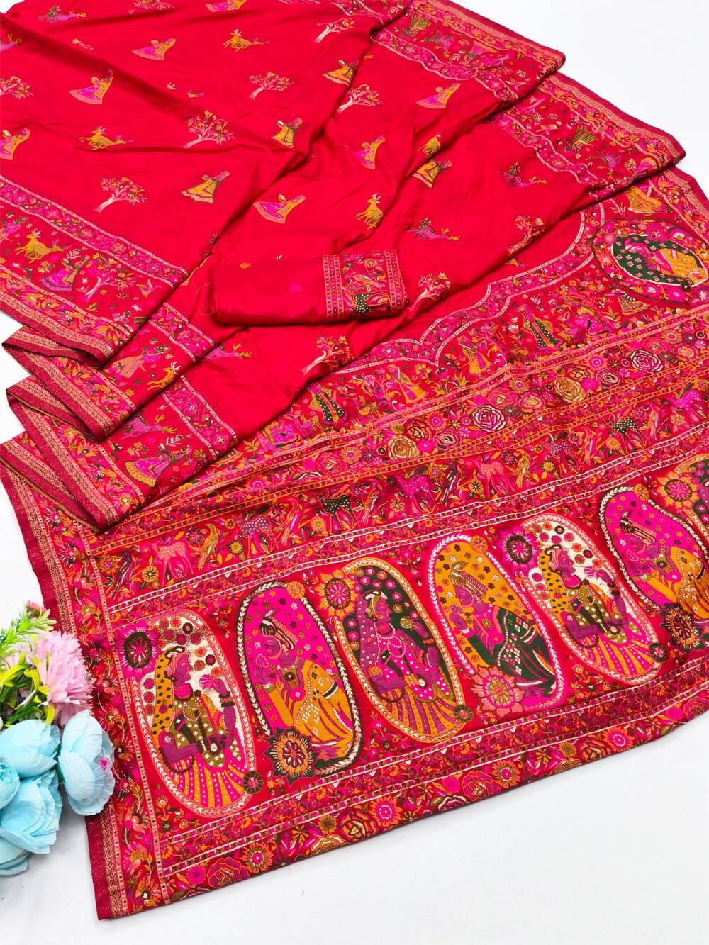 Gratifying Red Nylon Dola Pashmina Saree With Dalliance Blouse Piece - Image 5