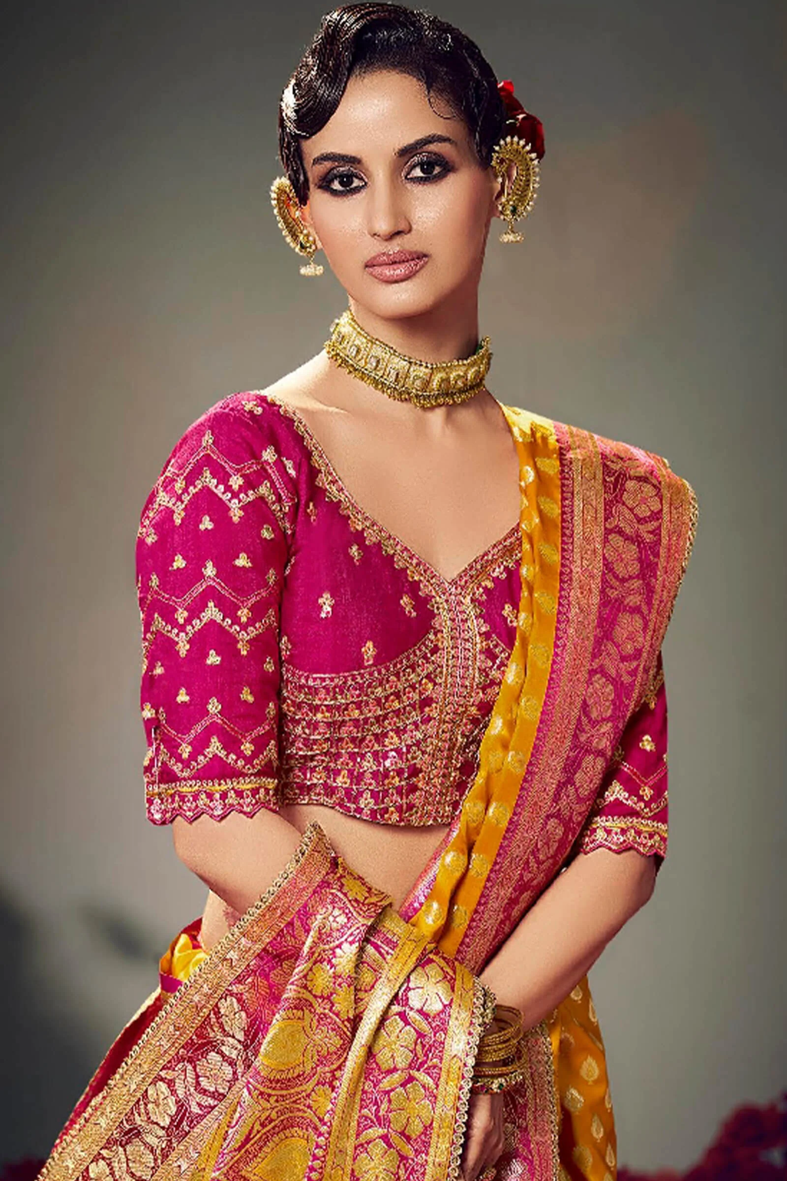 Gratifying Yellow Banarasi Satin Silk Saree With Embellished Blouse Piece - Image 2