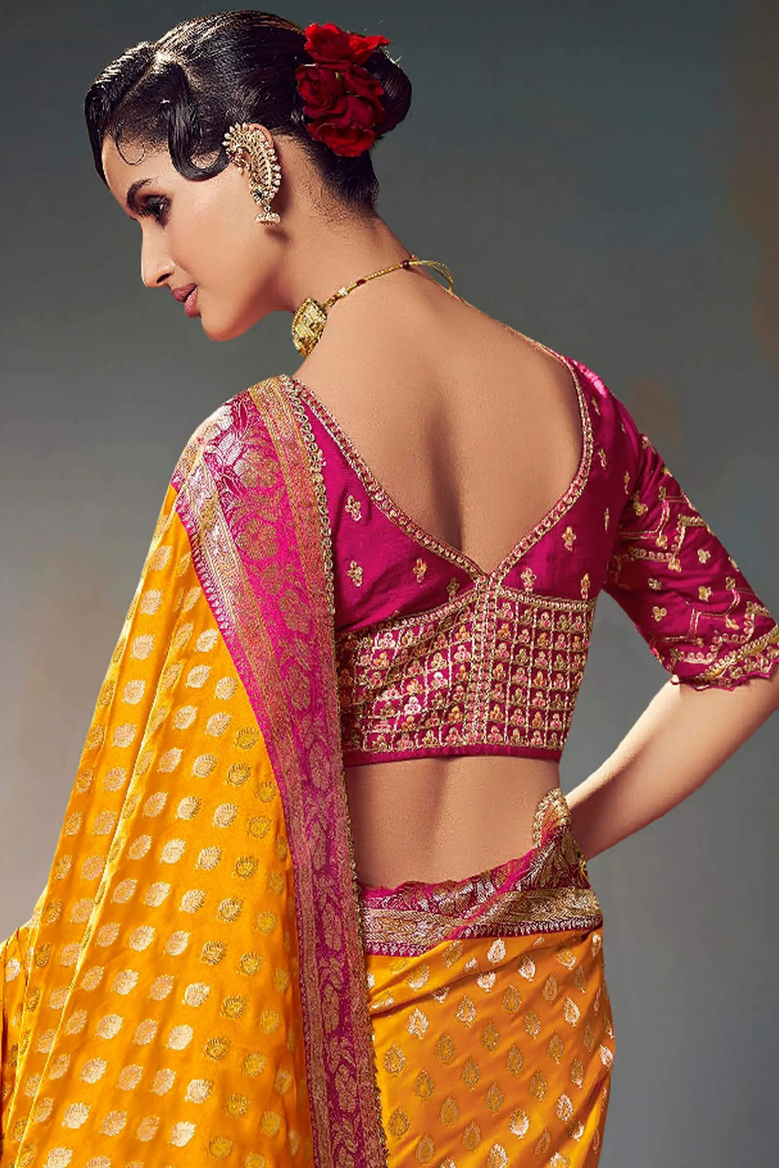 Gratifying Yellow Banarasi Satin Silk Saree With Embellished Blouse Piece - Image 3