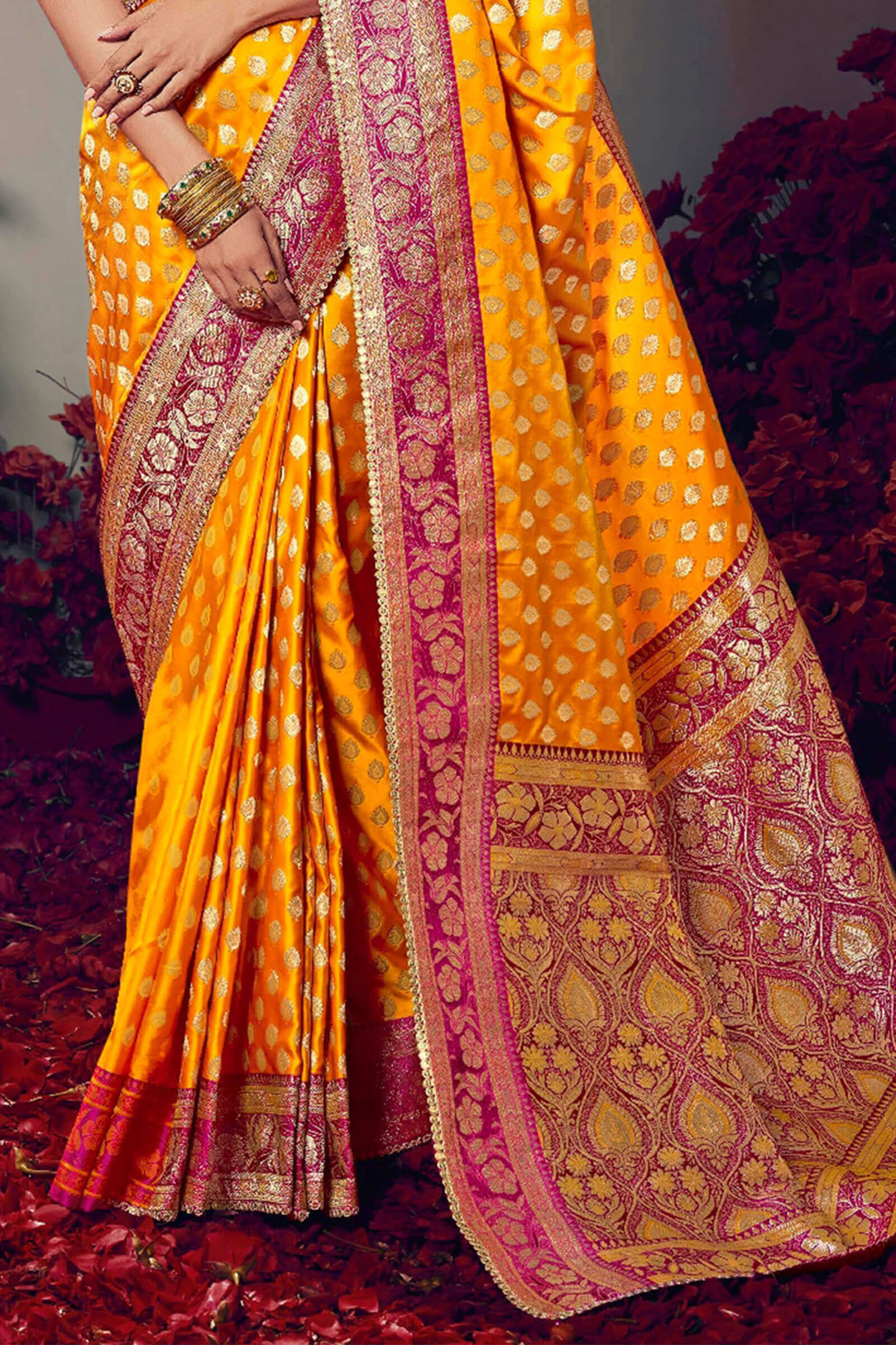 Gratifying Yellow Banarasi Satin Silk Saree With Embellished Blouse Piece - Image 4