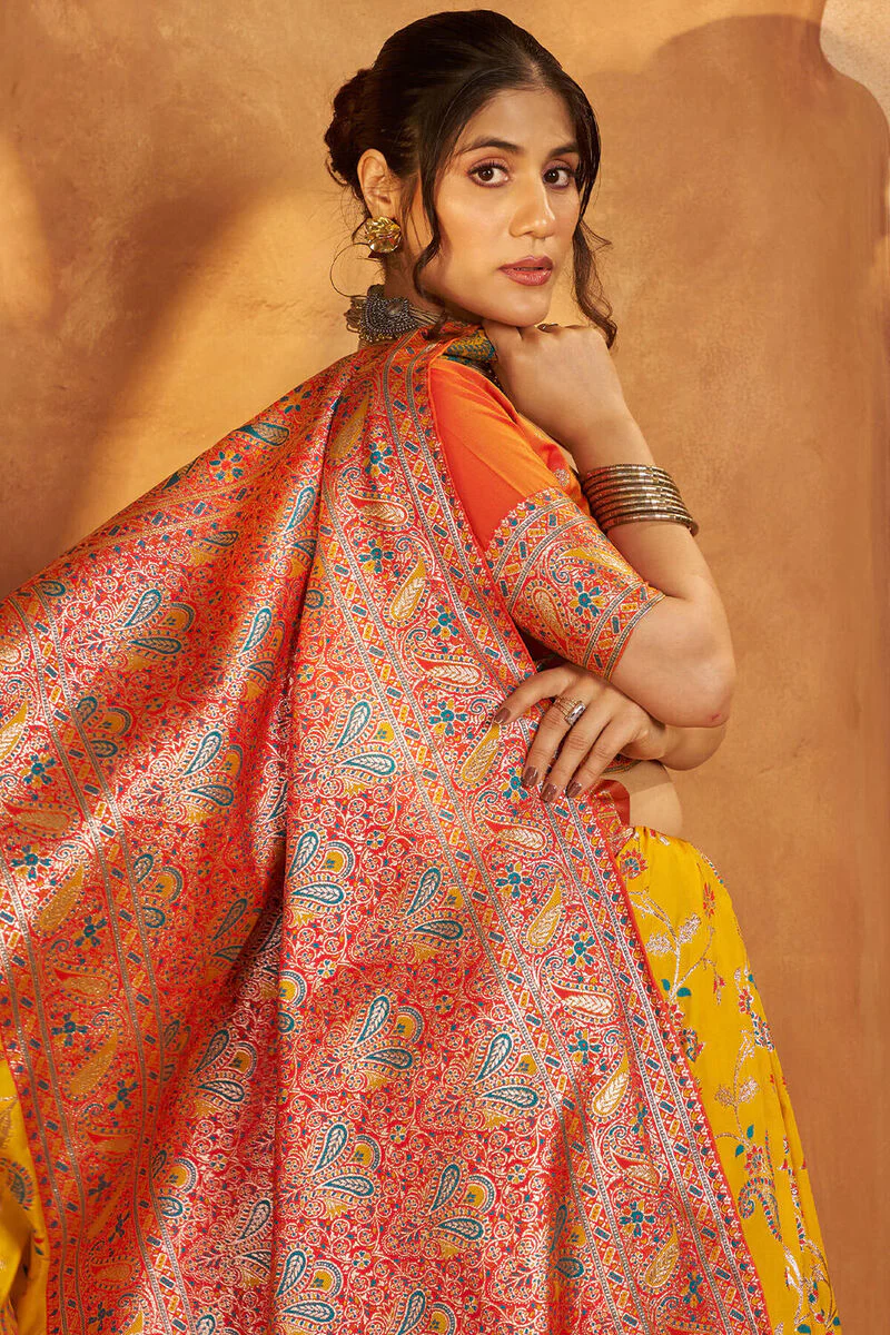 Gratifying Yellow Pure Zari Weaving Banarasi Silk Saree With Piquant Blouse Piece - Image 2