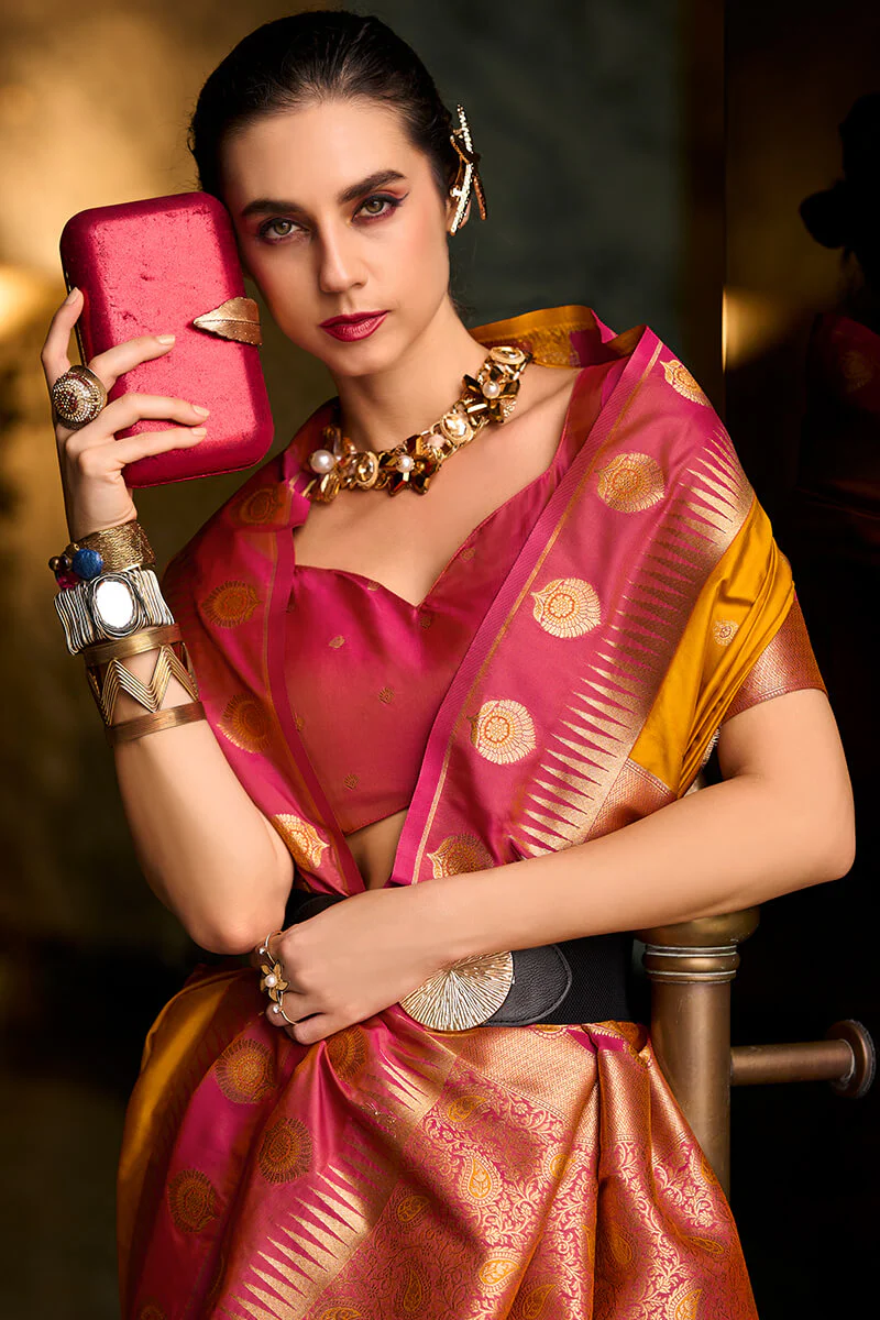 Gratifying Yellow Soft Banarasi Silk Saree With Staggering Blouse Piece - Image 2