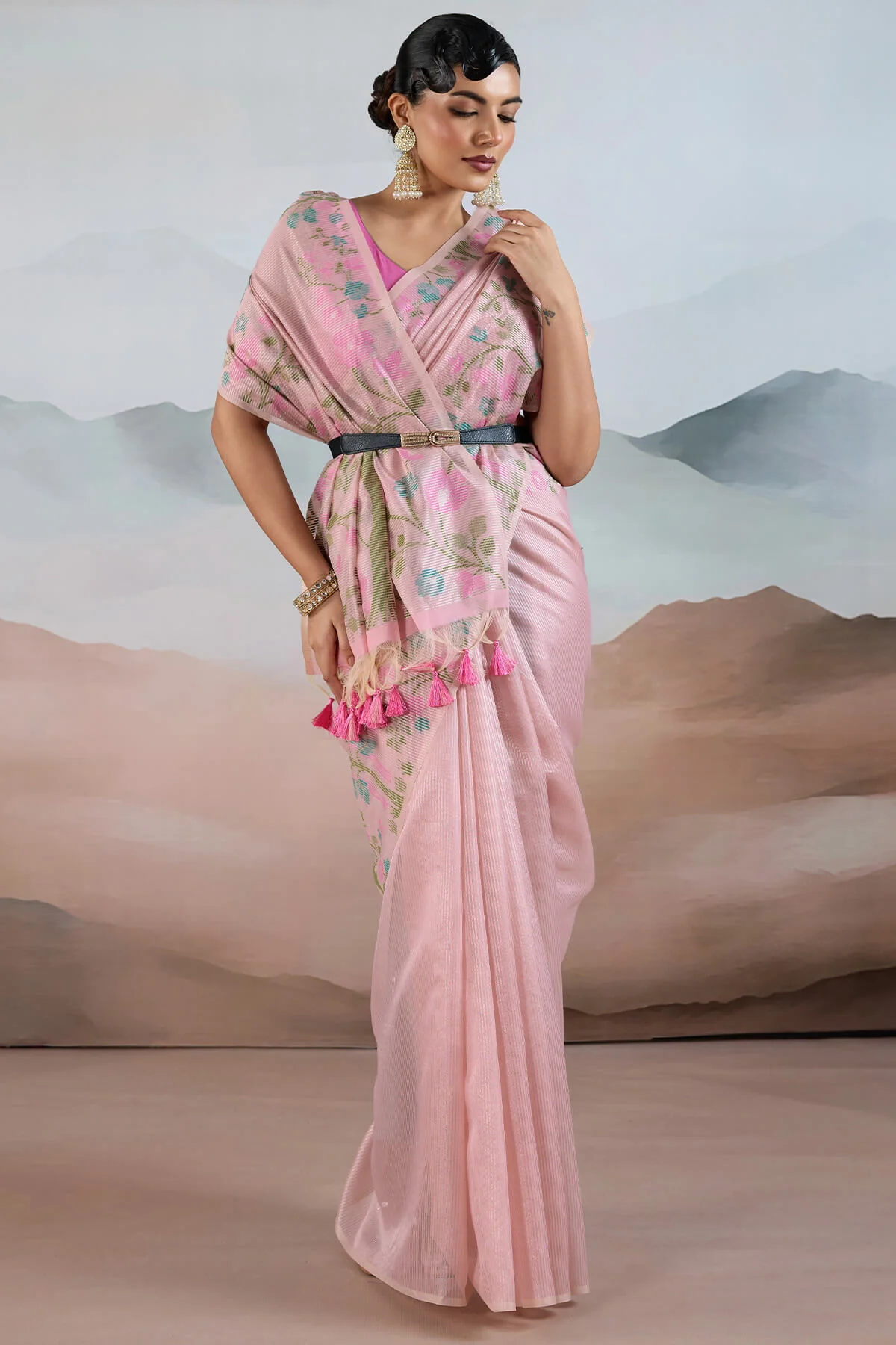 Groovy Baby Pink Soft Banarasi Tissue Silk Saree With Lustrous Blouse Piece - Image 4