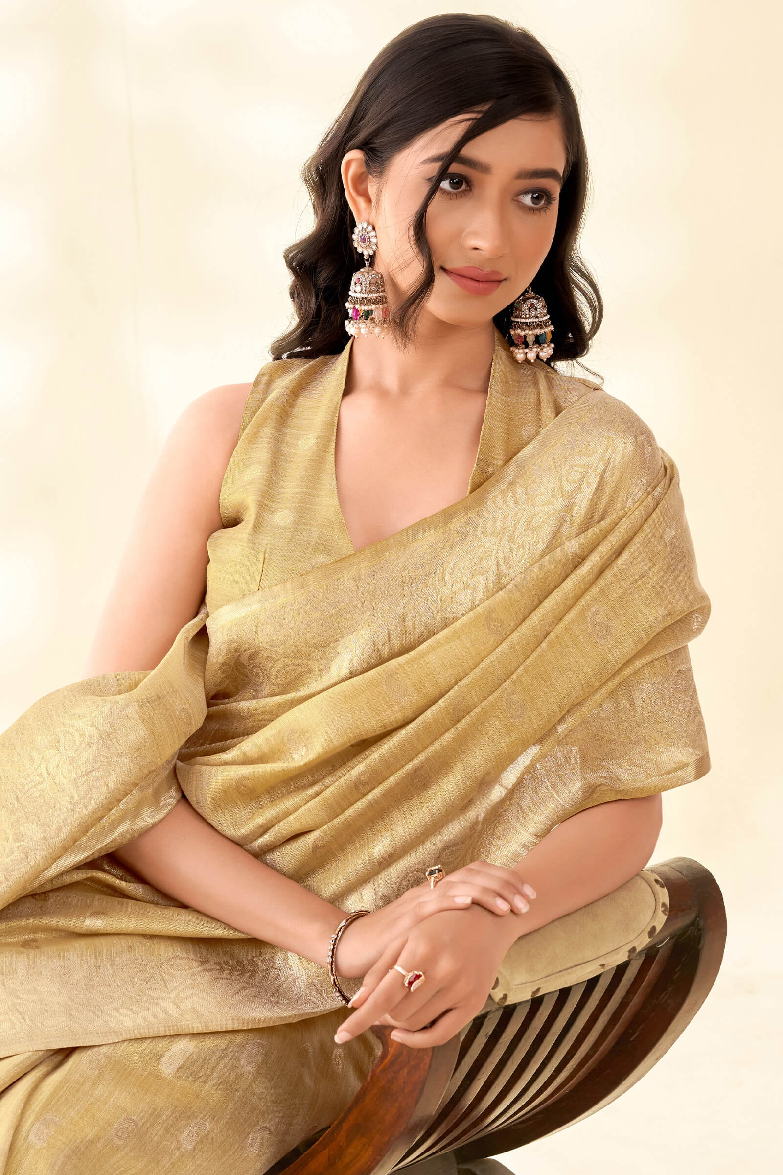 Groovy Beige Soft Banarasi Tissue Silk Saree With Grandiose Blouse Piece - Image 3
