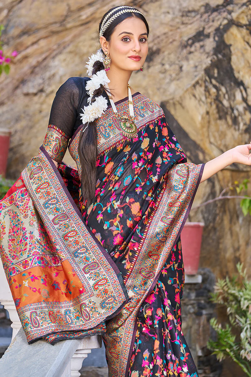 Groovy Black Pashmina saree With Scrumptious Blouse Piece - Image 2